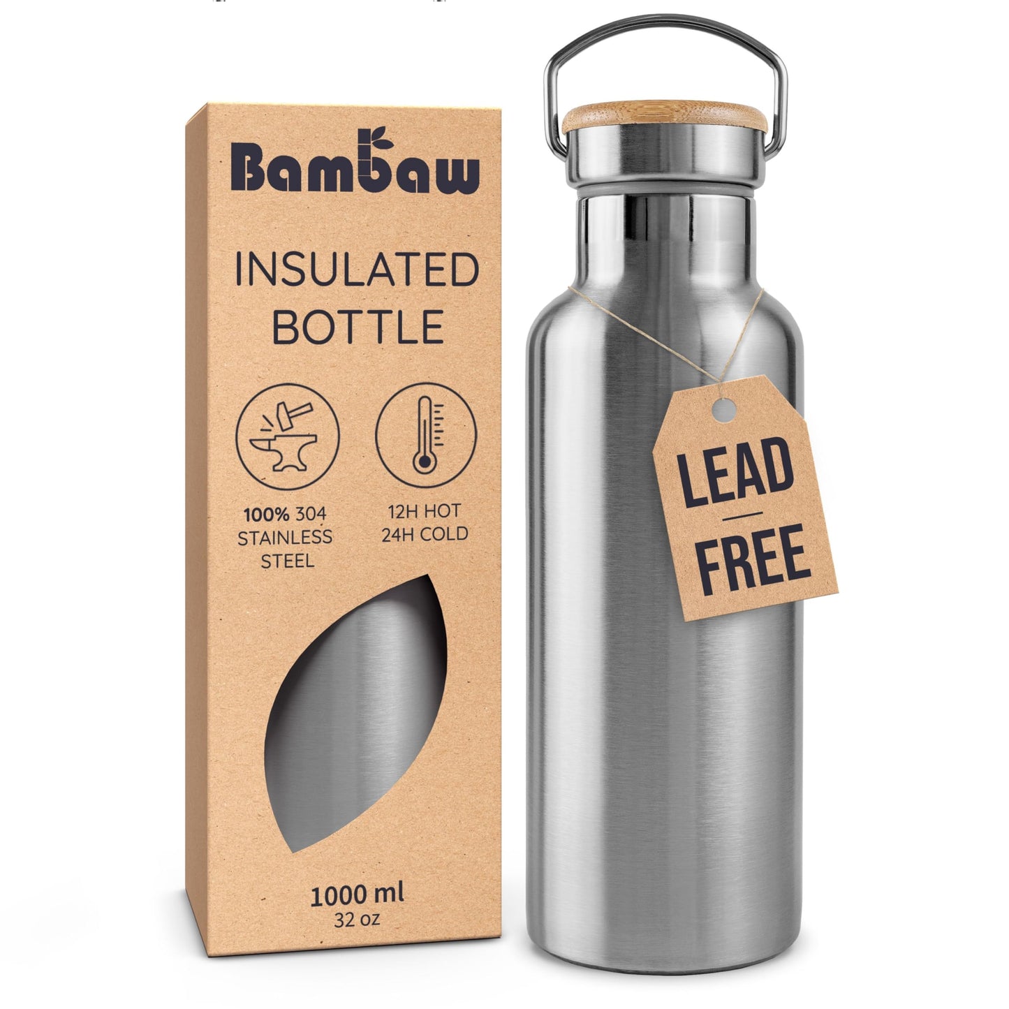 Bambaw Stainless Steel Insulated Water Bottle 32 oz, Stainless Steel Water Bottles 32 oz with Handle & Wide Mouth, Rust-Resistant Metal, Durable & Great for Travel (Natural Steel)
