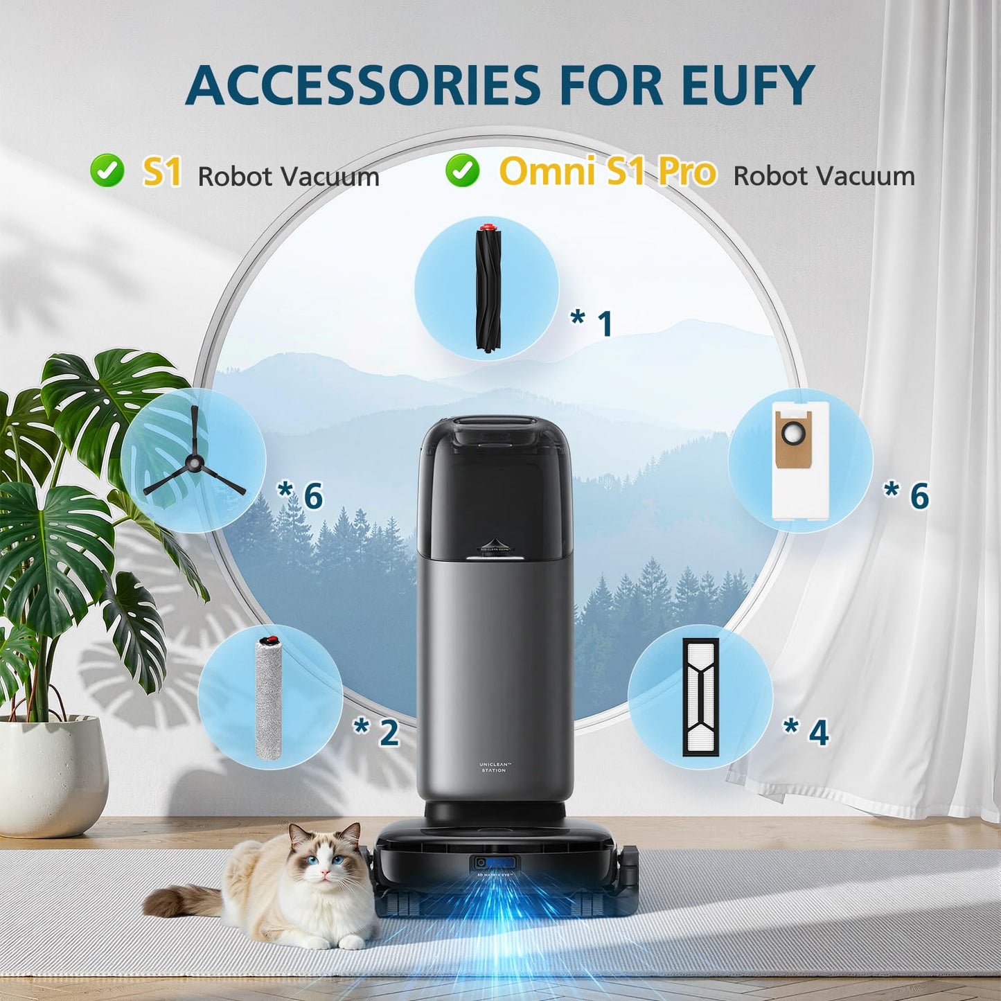 Omni S1 Pro/S1 Accessory Kit for eufy S1, Omni S1 Pro Robot Vacuum Replacement Parts, Include 1*Main Roller Brushes, 2*Mopping Rollers, 6*Side Brushes, 4*HEPA Filters, 6*Dust Bags, 1*Cleaning Tool