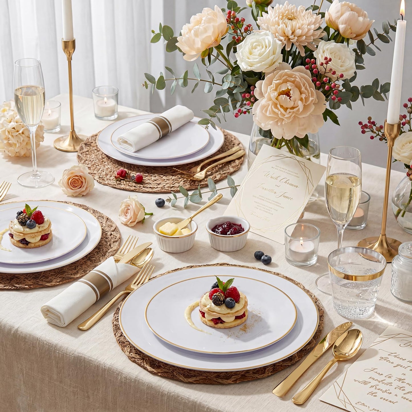 KIRE 175PCS Gold Plates Disposable - Heavy Duty White and Gold Plastic Plates Dinnerware Sets - 25 for Dinner 25 for Dessert 25 Pre Rolled Napkins and 25 Cups for Birthday/Wedding/Party