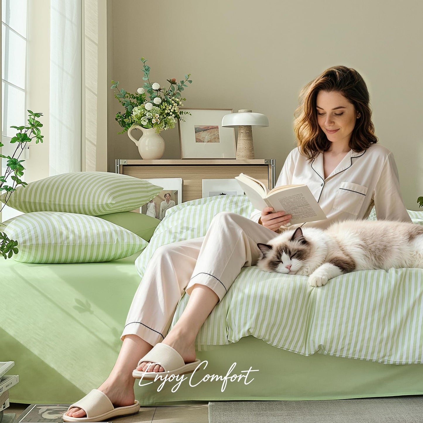 JELLYMONI Striped Duvet Cover Set - Queen Size Comforter Cover, Classic Sage Green & White Stripes, 100% Cotton 3 Pcs Bedding with Zipper Closure & 8 Corner Ties for Master or Guest Bedroom