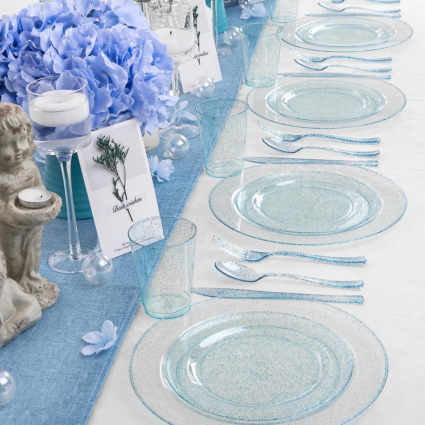 Rubtlamp 180Pcs Blue Glitter Dinnerware Set(30 Guests), Blue Plastic Plate With Gitter Disposable Silverware, Gitter Plate Set Include 30Dinner Platos, 30Dessert Platos, 90Cutlerys, 30Cups for Party
