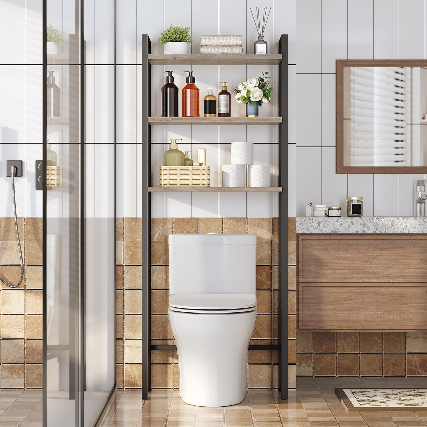 HOOBRO Over The Toilet Storage, 3-Tier Bathroom Organizer Shelf Over Toilet, Freestanding Bathroom Storage Shelves, Space Saver, Easy to Assemble for Room, Greige and Black BG41TS01