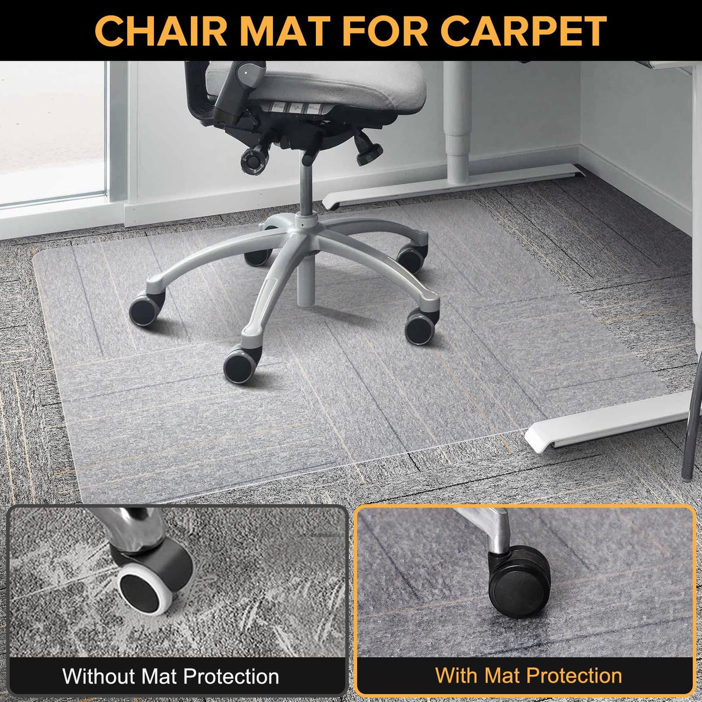 Clear Chair Mat for Carpet, QQpony 36" x 48" Office Chair Mat for Carpeted Floors, Heavy Duty Vinyl Floor Mat with Grips, Carpeted Floor Protector Rolling Computer Desk Mat for Home Office (Clear)