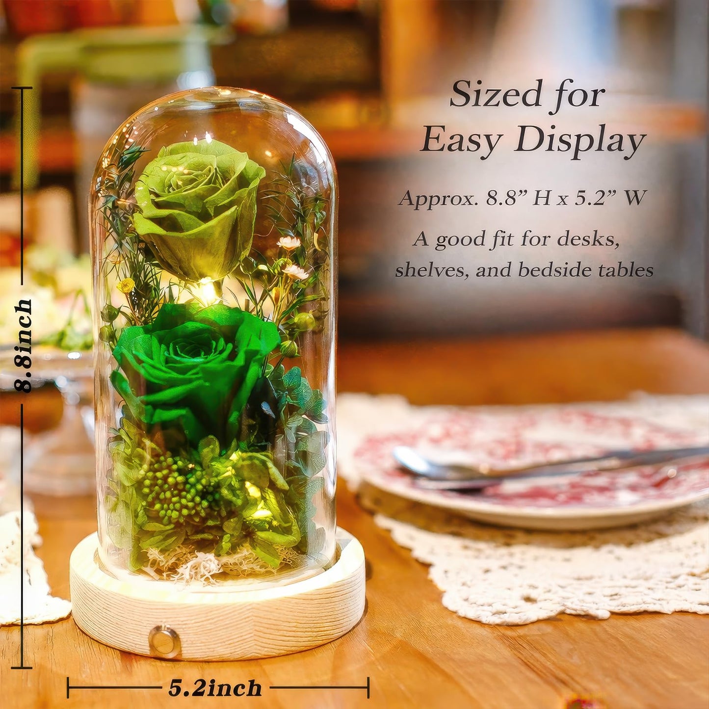 Regalo Flor Preserved Flowers Gifts for Women, Green Preserved Roses in Glass Dome, Real Roses Flower Arrangement, Forever Flowers for Mom, Birthday Gifts for Women, Flowers for Delivery Prime