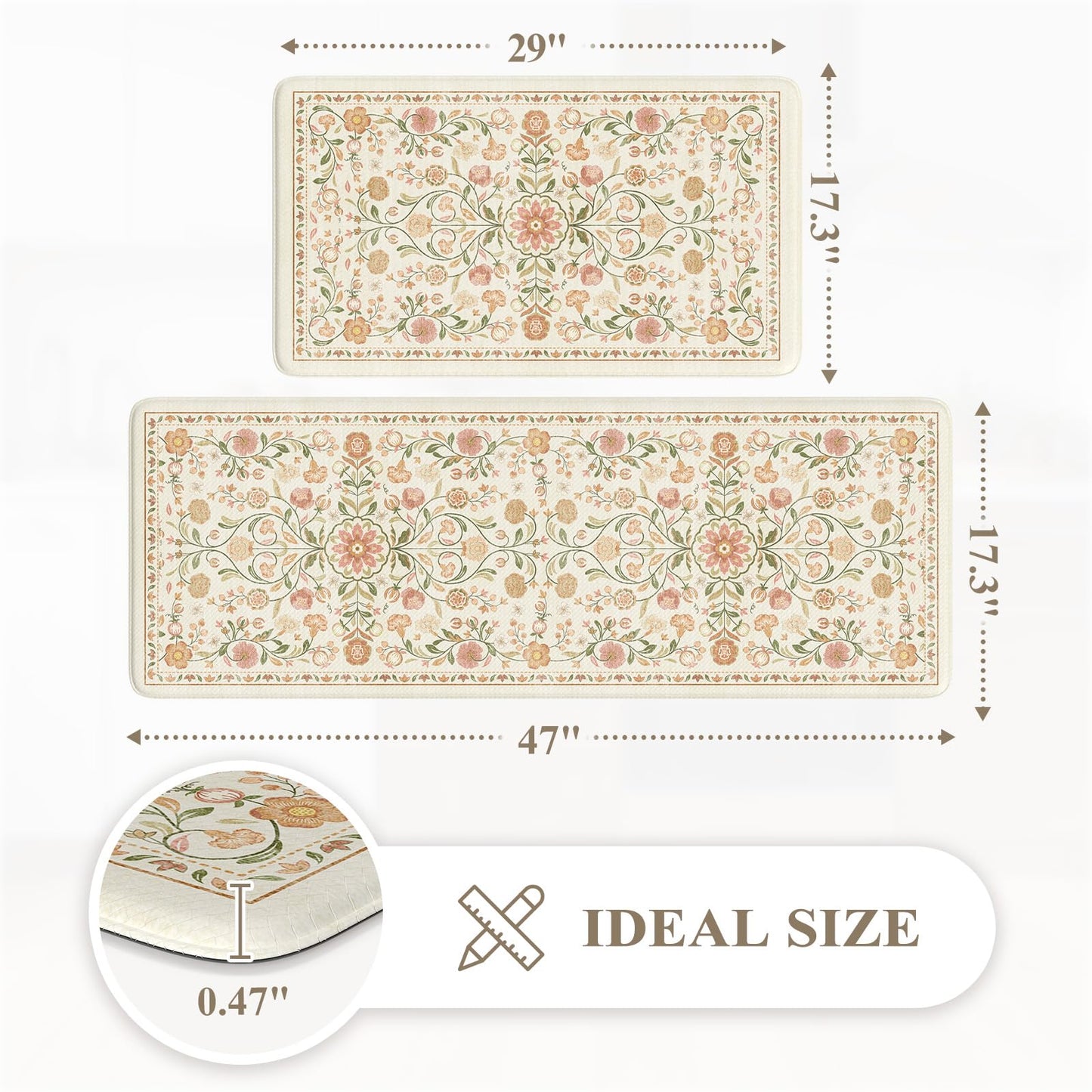 KIMODE Anti Fatigue Mats for Kitchen Floor Non Slip,Farmhouse Boho Floral Standing Kitchen Rugs Sets of 2,Comfort Cushioned Padded Ergonomic Carpet for Laundry Sink Office,Beige