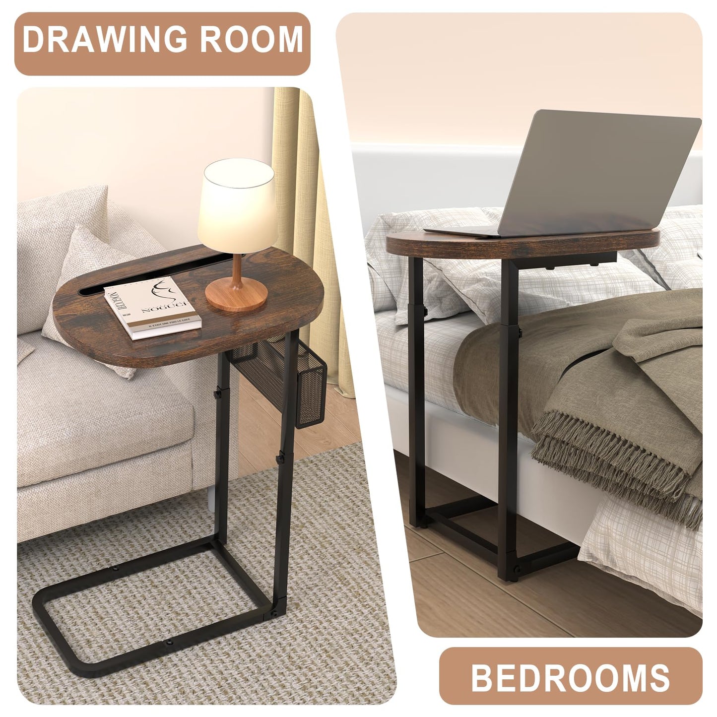 Fashion TV Tray Table with Large Tabletop, Adjustable Sofa Table with Storage Baskets, Strong Metal Frame, Tv Dinner Tray Table for TV Watching, Meals, Snacks (Oval, Brown, 16.93inch x 12.6inch)