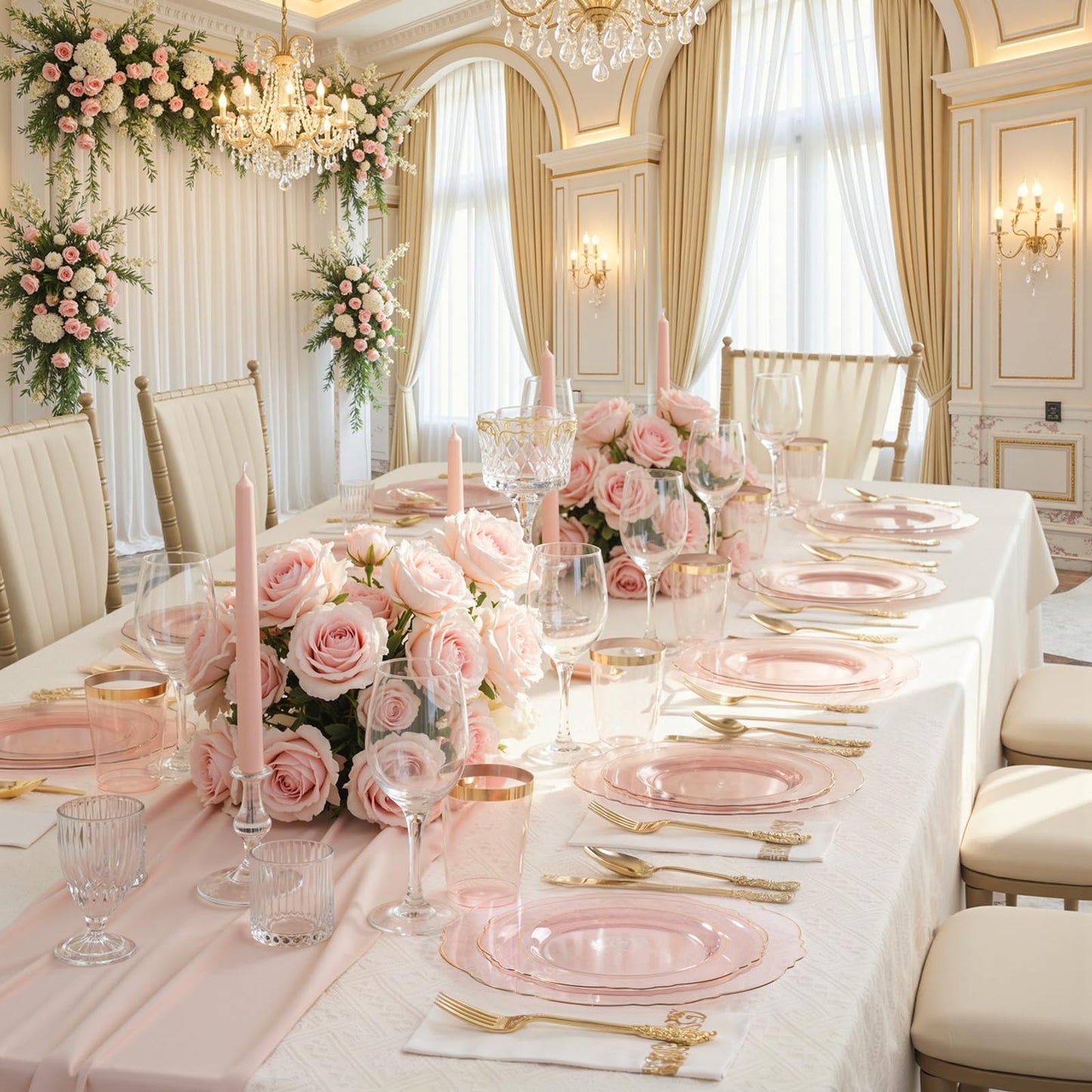 KIRE 210Pcs Clear Pink Plastic Plates with Gold Rim - Disposable Pink Plates for Party - 30 for Dinner 30 for Dessert 90 Silverware 30 Napkins 30Cups for Upscale Wedding/Party/Baby Shower