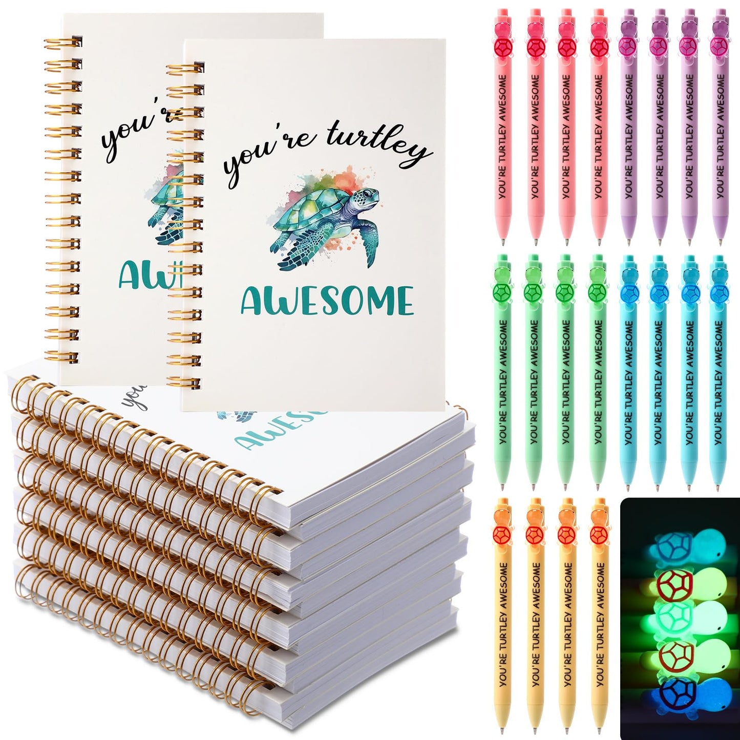 Resurhang 20 Sets Inspirational Turtle Gifts Includes 20 Turtles Spiral Notebooks 20 Glowing in the Dark Ballpoint Pens Employee Appreciation Gifts Bulk for Coworker Staff Team Turtle Lovers