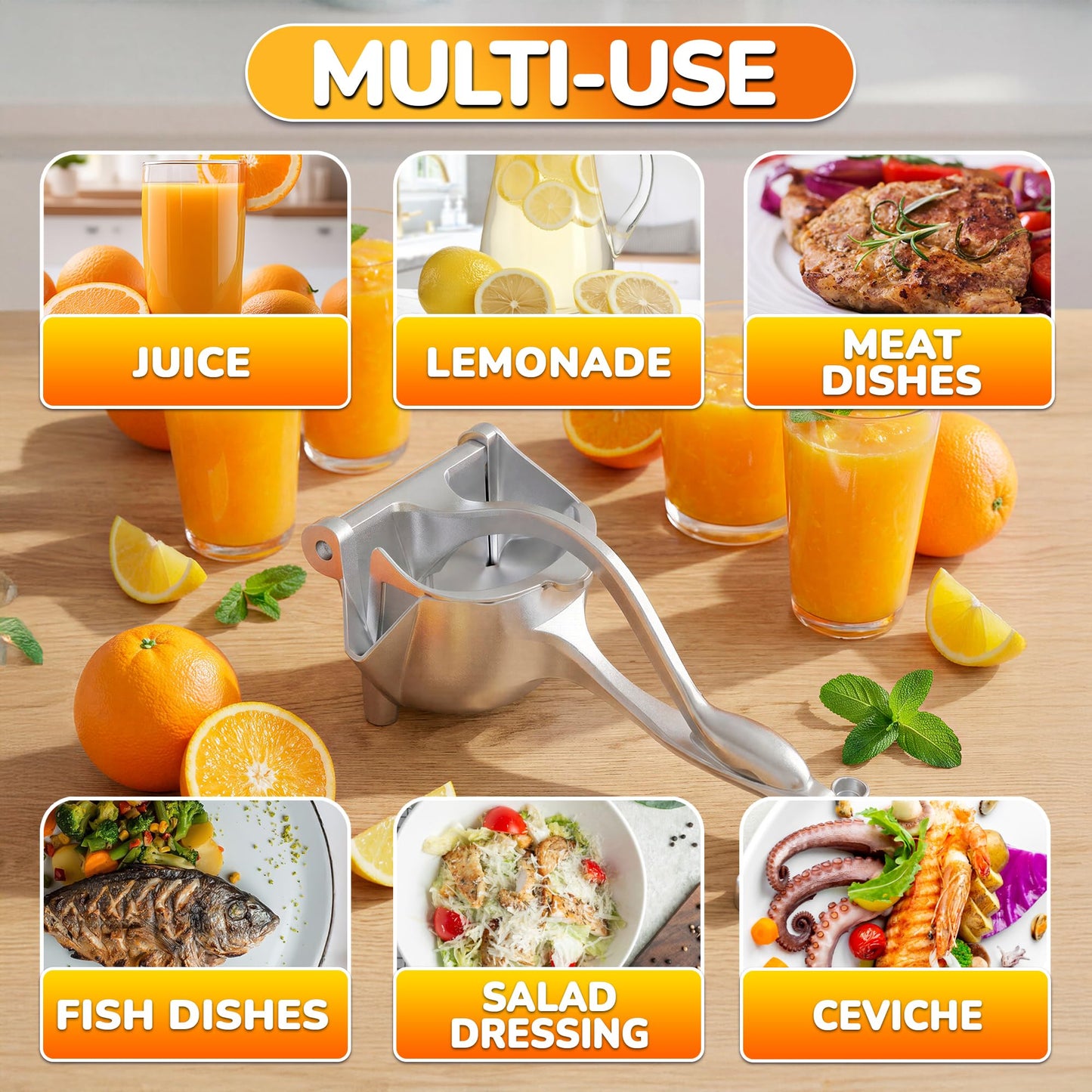 Manual Juicer Hand Press with Ergonomic Heavy Duty Handle - Pour Spout for Mess-Free Pouring, Aluminum Alloy Hand Juicer Squeezer | 0.6 L Capacity - Juice Press for Lemon, Orange, Lime, & Grapefruit