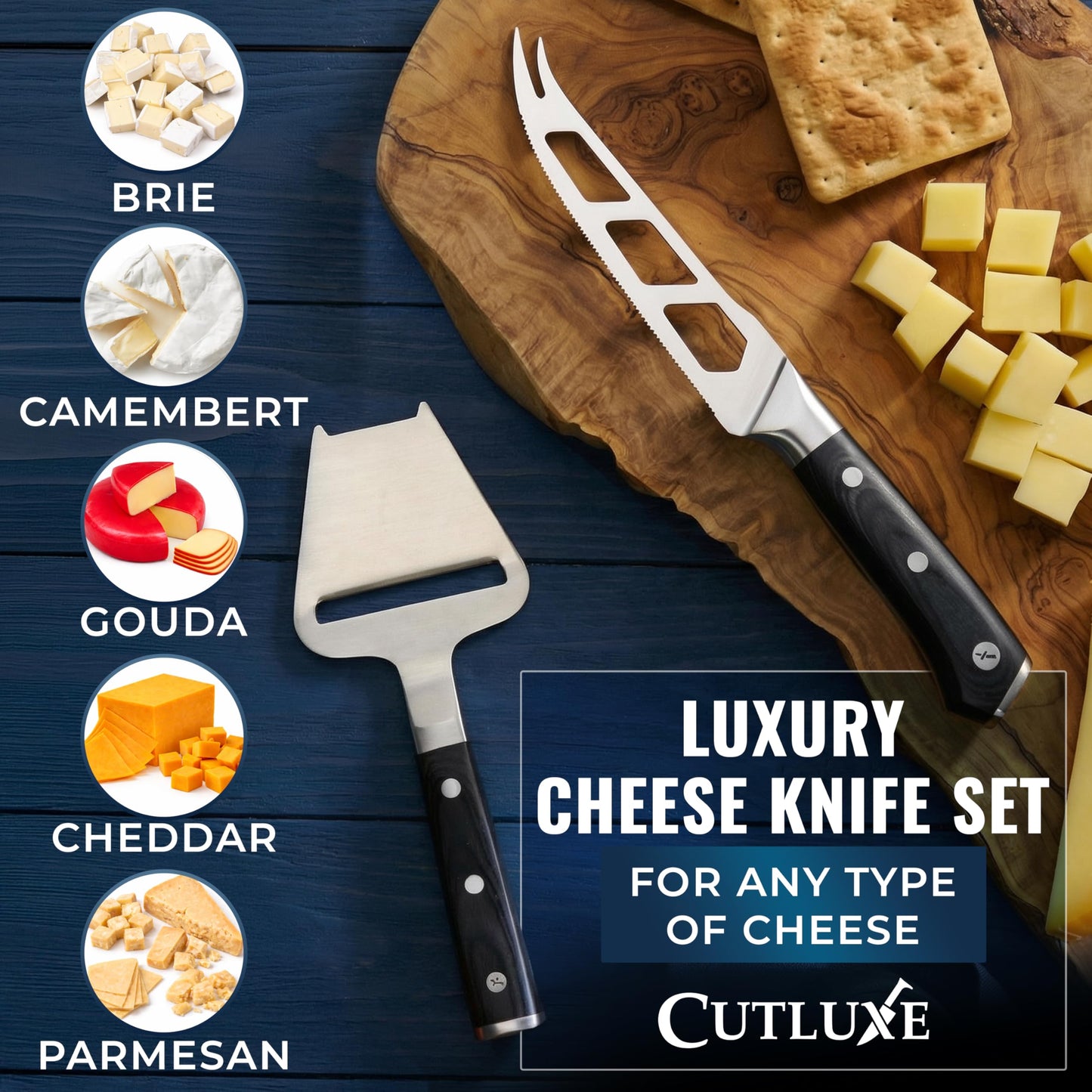 Cutluxe 2-PCS Cheese Knife Set – 5″ Stainless Steel Knife & 3.5″ Slicer for Soft & Hard Cheeses - Sharp Blades, Pronged & Non-Stick, Pakkawood Handles - Cheese Knives For Charcuterie Board
