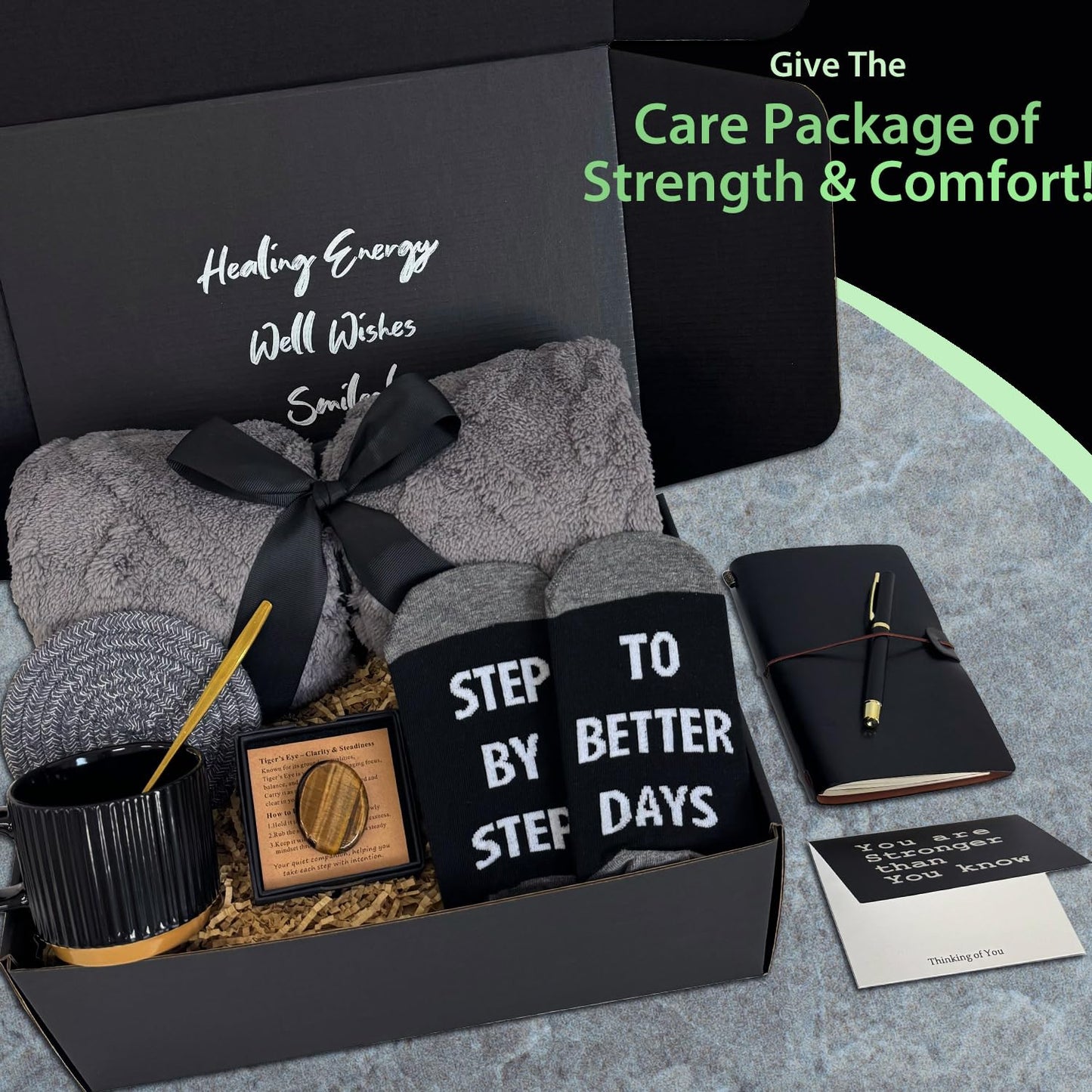 Care Package for Men - Get Well Soon Gifts for Men with Plush Blanket, Ceramic Mug Set, Socks, PU Notebook, Pen, Stress Stone & Greeting Card - Encouragement & Support Gift for Dad, Friend
