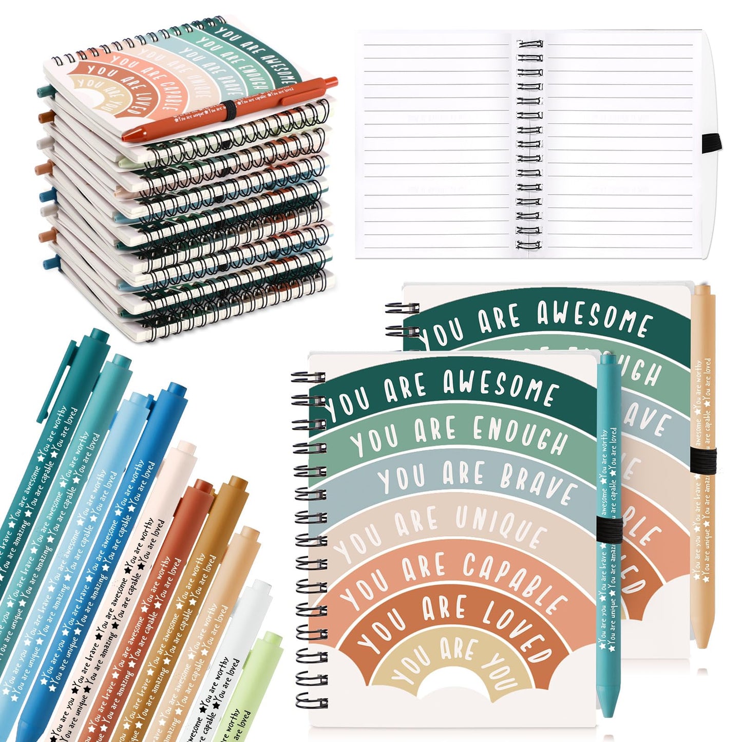 Thenshop 60 Pcs Mental Health Awareness Gifts Bulk 30 Self Care Notebook Journals 30 Positive Affirmation Pens for Women Office Staff Nurse Teacher Appreciation Student End of Year Gifts (Rainbow)