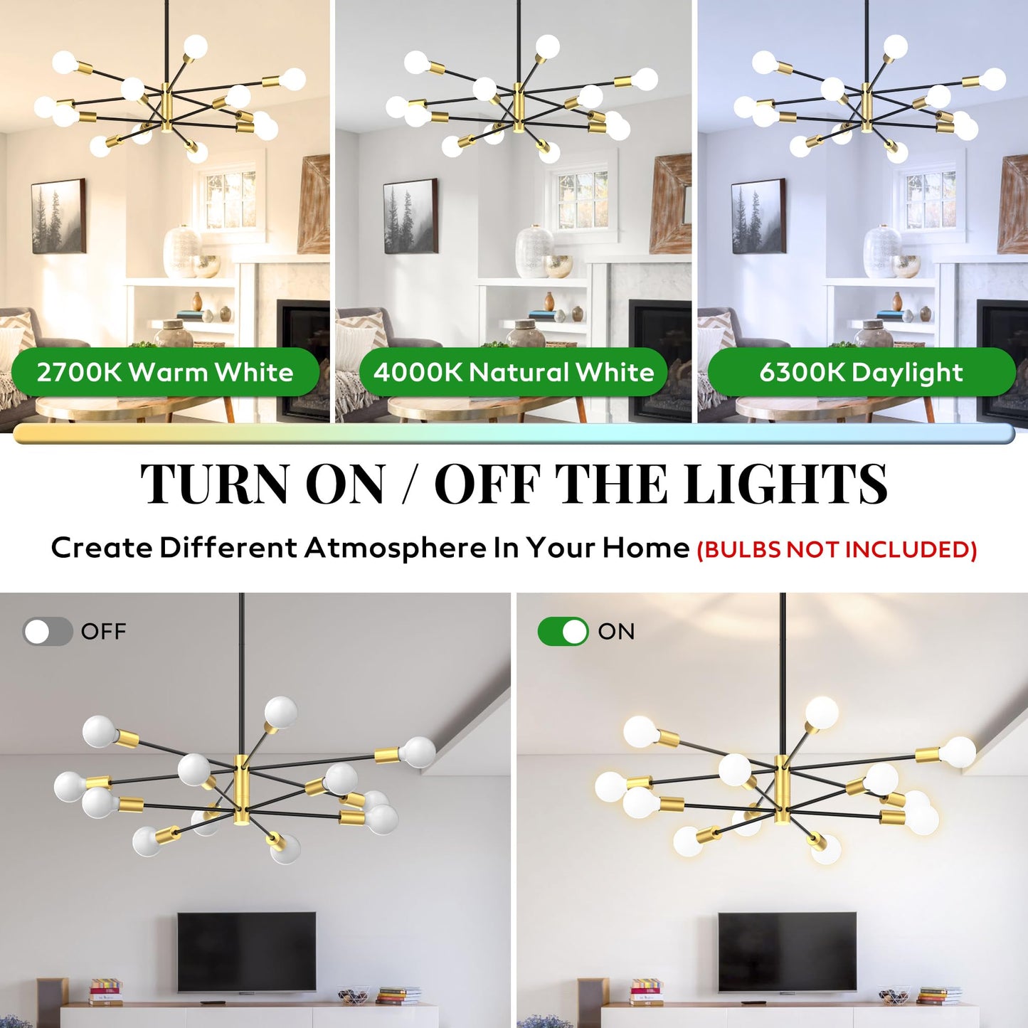 Phaosio Sputnik Chandelier 12-Light, Mid Century Modern Height Adjustable Ceiling Light Fixture for Dining Room, Kitchen Island, Living Room,Bedroom-Black and Gold