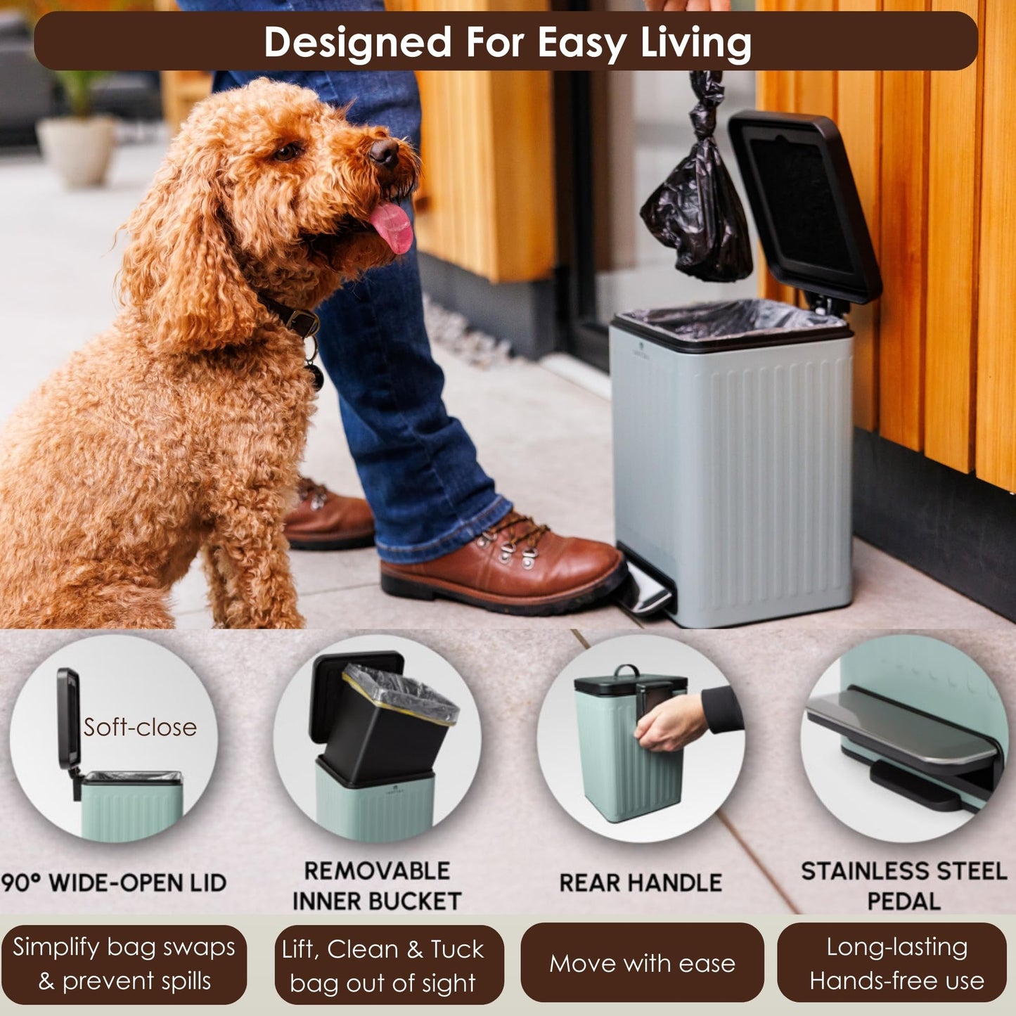 LUXETAIL Small Dog Poop Trash Can Outside – 6L/1.6 Gallon Dog Small Trash Can with Lid, Odor-Locking Carbon Filter System, Hands-Free Stainless Steel Pedal, Easy-Clean Removable Bucket, Sage Green