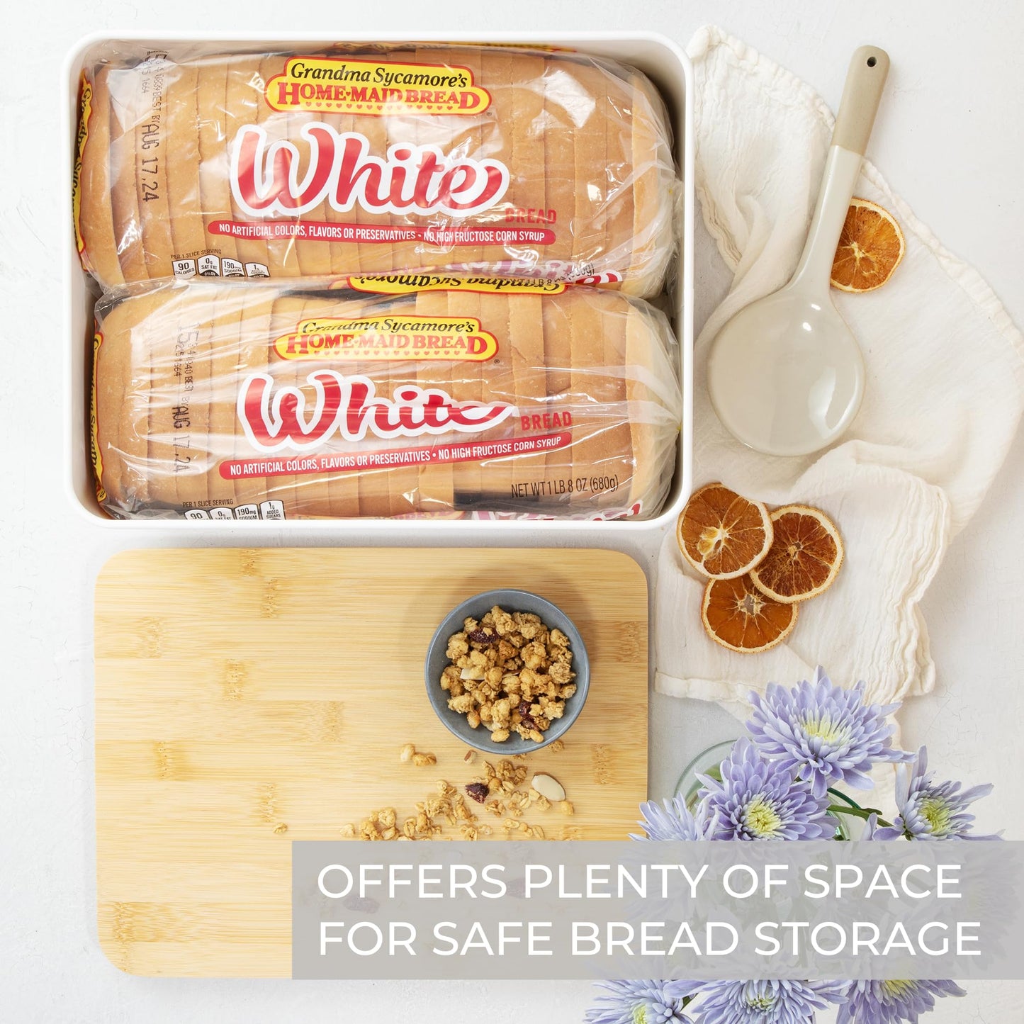 ZICOTO Beautiful Bread Box With Wooden Lid For Your Kitchen Countertop - Spacious Container Perfectly Stores Your Homemade Bread, English Muffins & Bagels - Quality Cutting Board Lid Keeps Loaf Fresh
