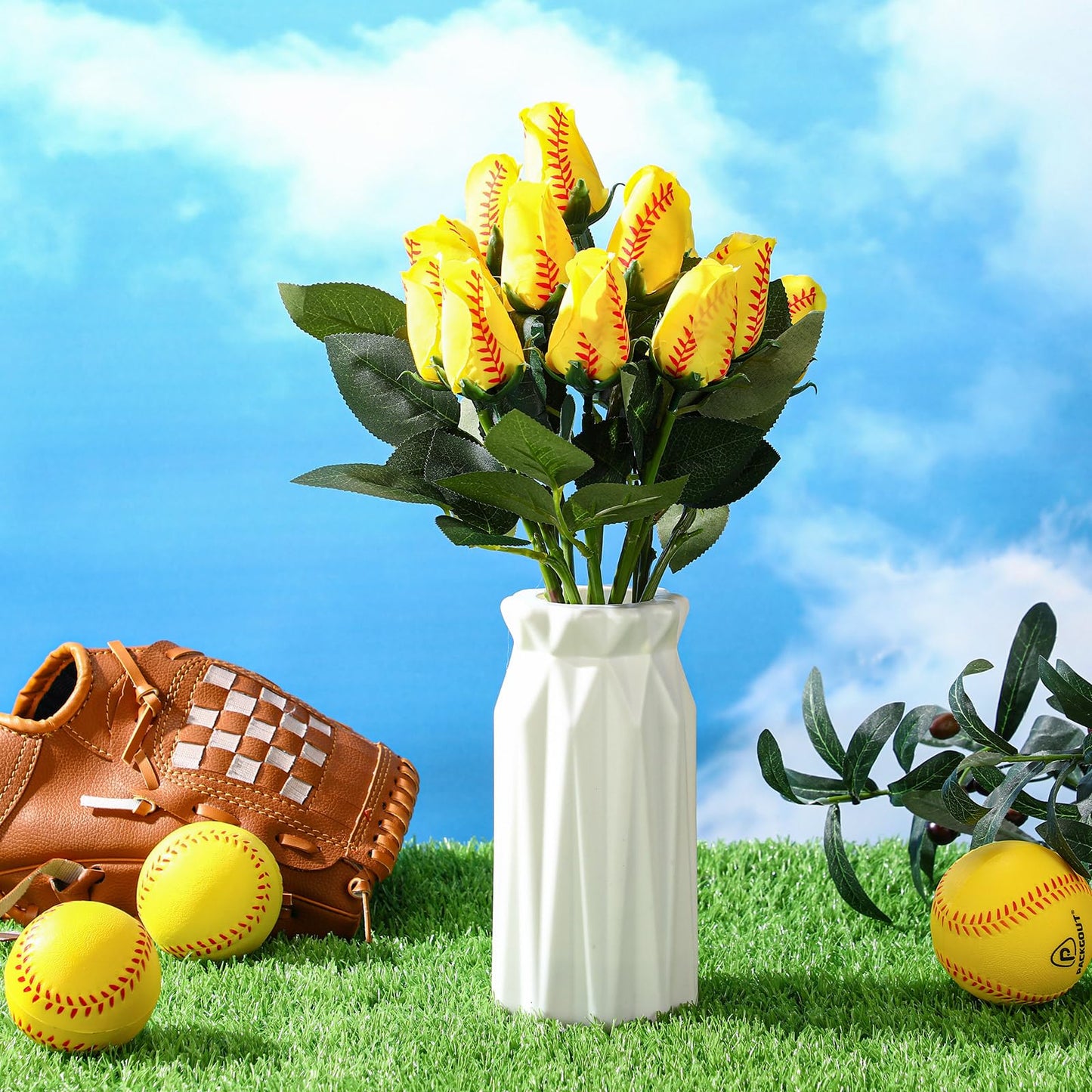 Suhine 12 Pcs Softball Rose Bulk Artificial Baseball Gifts Flower Decor for Graduation Wedding Party Sports Theme Bouquet Gift for Girl Coach Team Player Fan