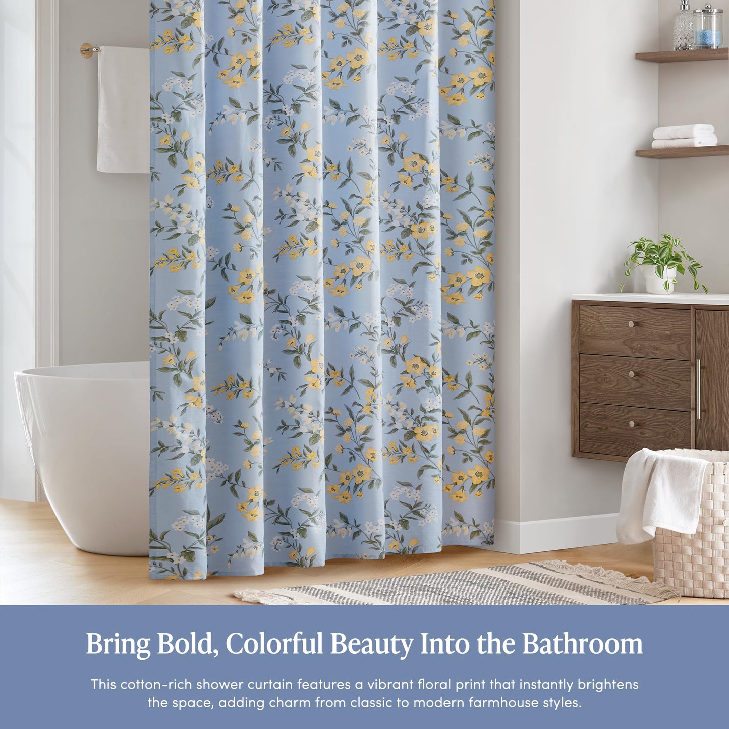 Martha Stewart Meadow Floral Shower Curtain, Cotton-Rich Slub Texture, Timeless Garden Design, Classic to Modern Farmhouse Bathroom Decor, Machine Washable 72"x72", Blue