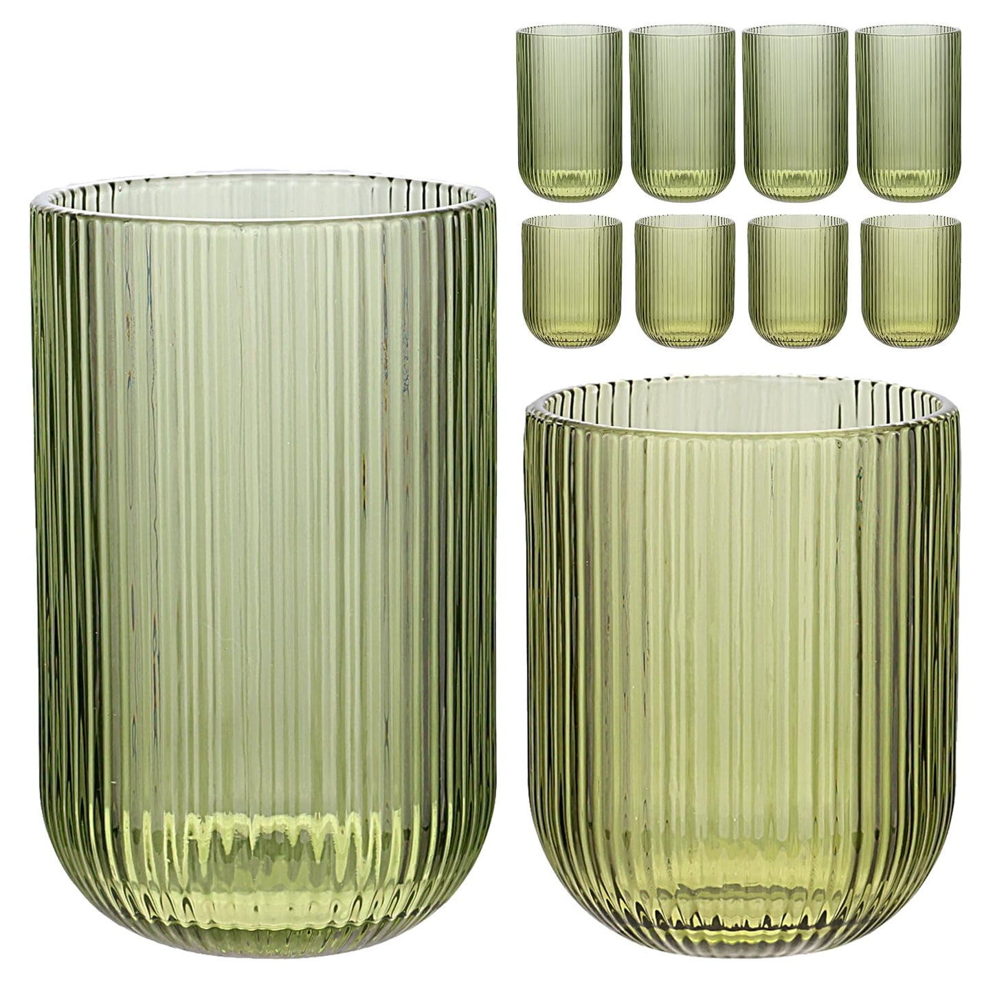 WeirdUncle Set of 8 Ribbed Glassware,4 Highball Glasses 14oz & 4 Rocks Drinking Glasses 9oz, Green, Origami Style, Fluted Design, for Milk, Water, Cocktail, Juice, Beer, ToothBrush Cup, Gift