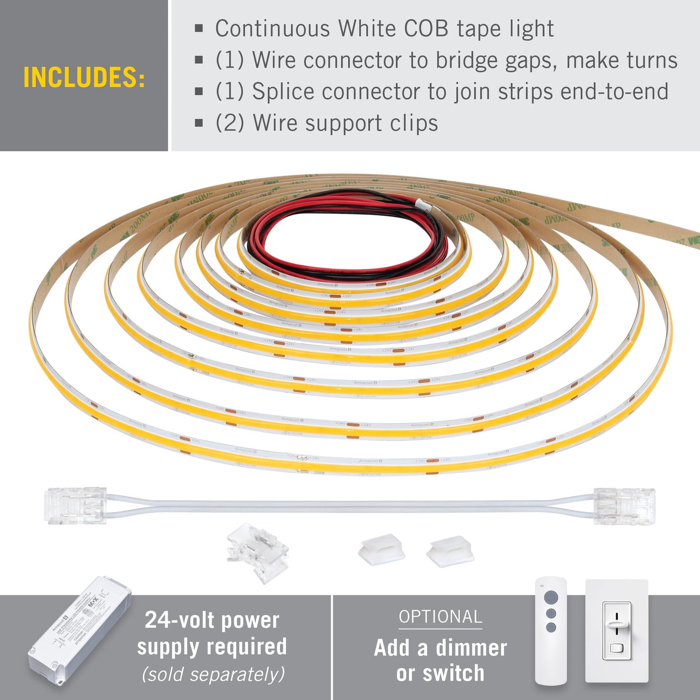 Armacost Lighting RibbonFlex Pro 24V White COB LED Strip Light Tape 3000K, 315 Lumens/Ft, 5M 172230