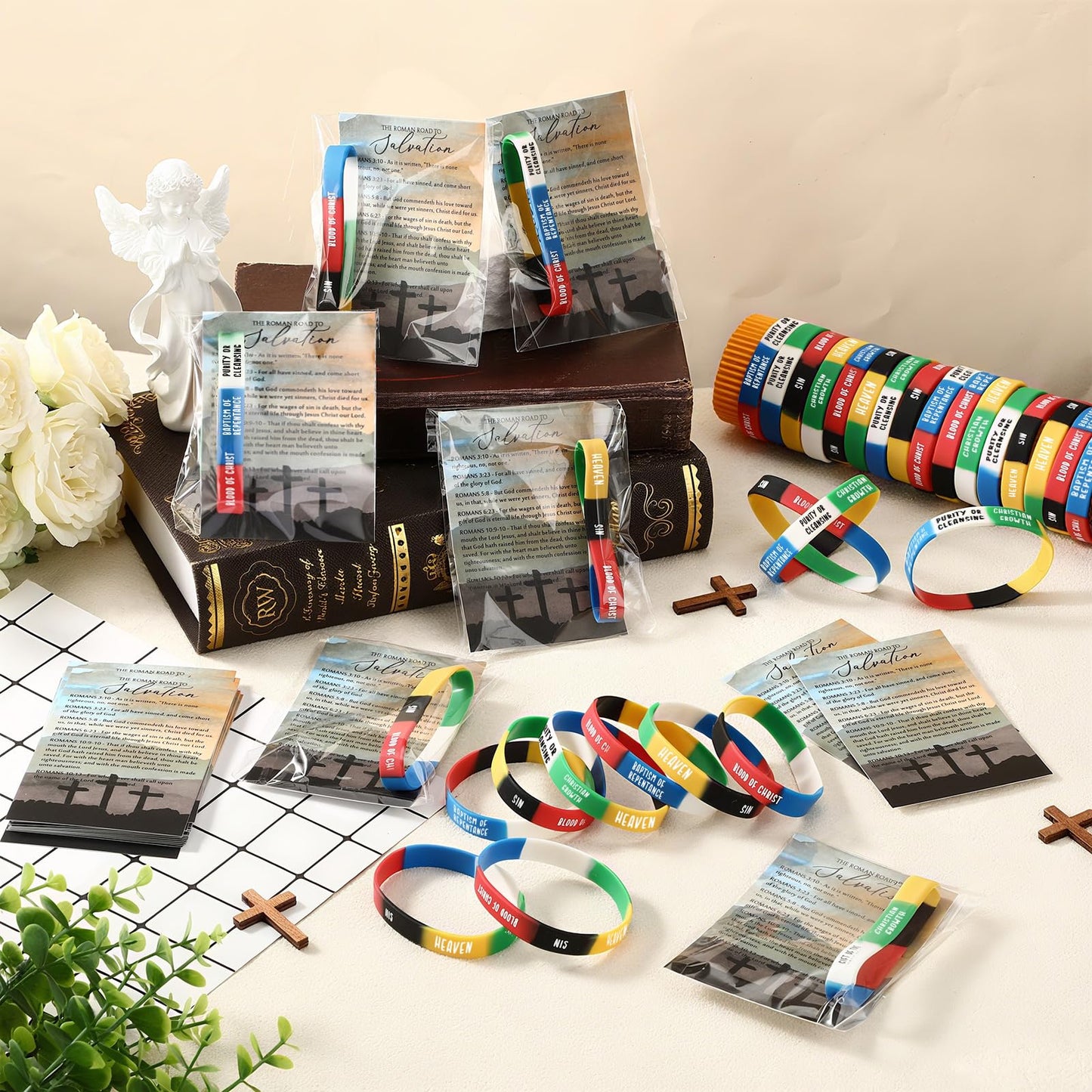 Gemscream 200 Sets Father's Day Plan of Salvation Bracelets with Plan of Salvation Card Gospel Bracelet Christian Silicone Bracelets Gospel Tracts Scripture Gift for Men Father Church