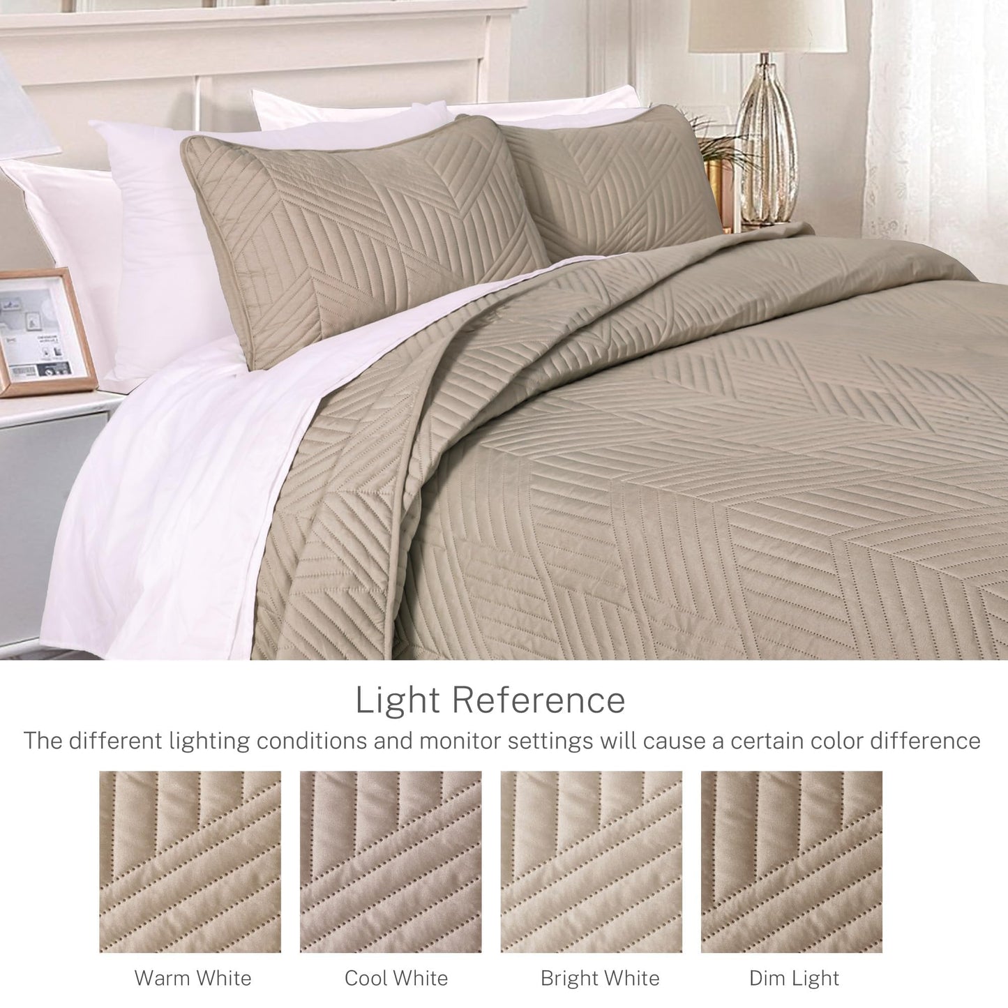 Exclusivo Mezcla Ultrasonic Full Queen Quilt Bedding Set, Lightweight Taupe Bedspreads Soft Modern Geometric Coverlet Set for All Seasons (1 Quilt and 2 Pillow Shams)