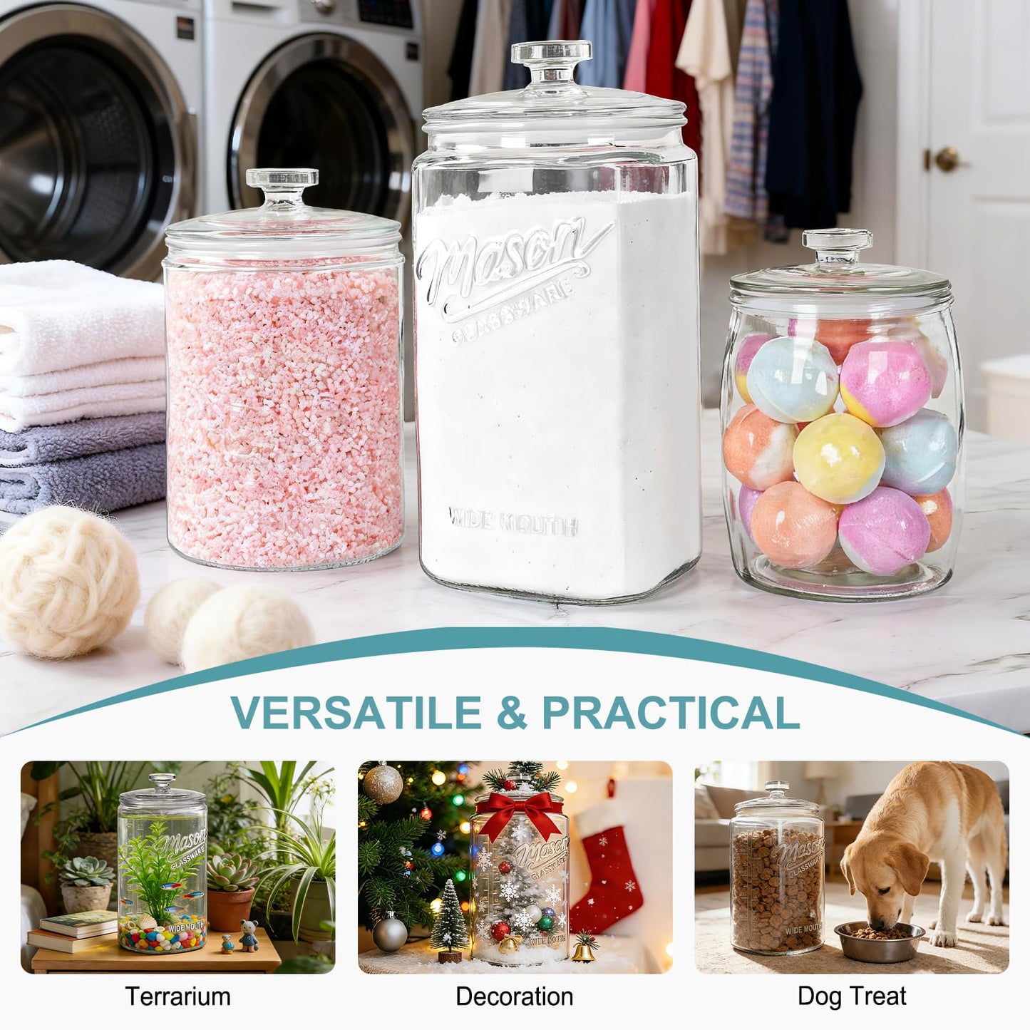 1.5 Gallon Cookie Jar with Lid Airtight, Large Glass Flour Sugar Container for Candy, Coffee, Dog Treat, Wide Mouth Mason Jar with Scale Marking, 1 Pack Apothecary Jar for Flour, Sugar, Rice, Cookie