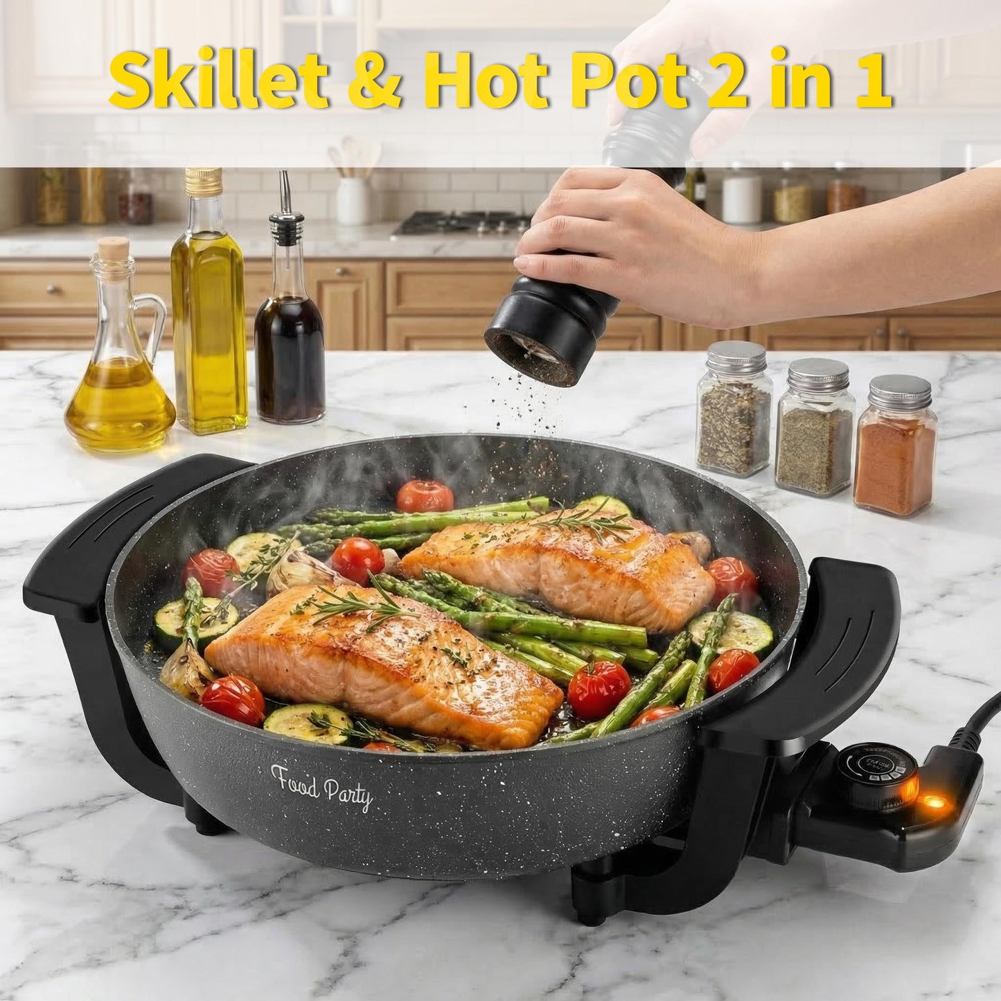 Food Party Hot Pot Electric Skillet 2 in 1 Hotpot Pot Electric Pot for Cooking 6L 110V 1100W Non-Stick PFOA FREE Shabu Shabu Pot