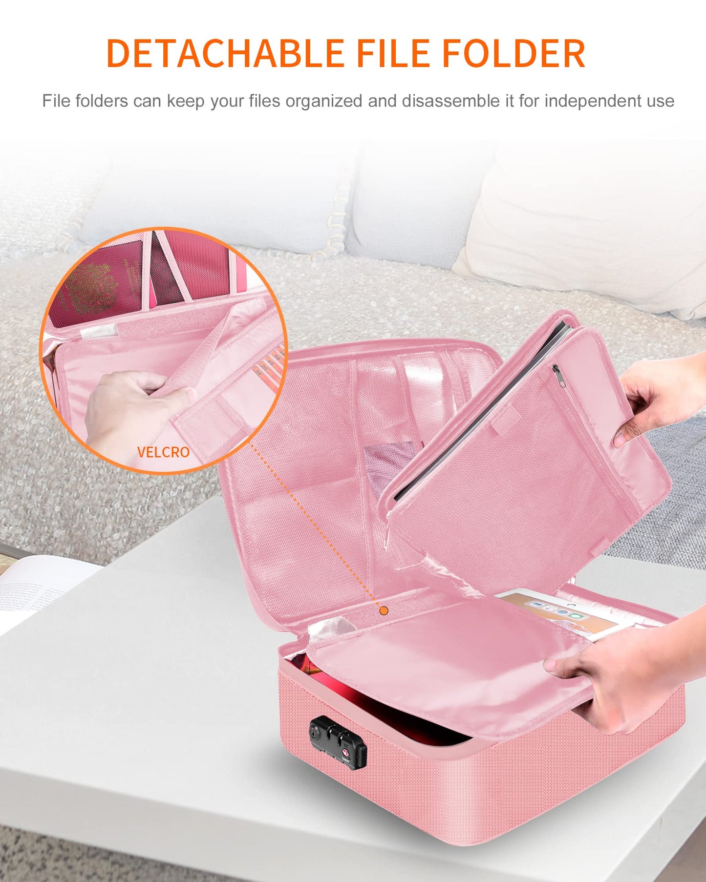 Noiposi Document Organizer with 5200℉ Heat Insulated,16.1"x11.4"x4.3" Waterproof and Fireproof Document Box,Portable Home Travel Safe Storage Box for Important Documents and File,Pink