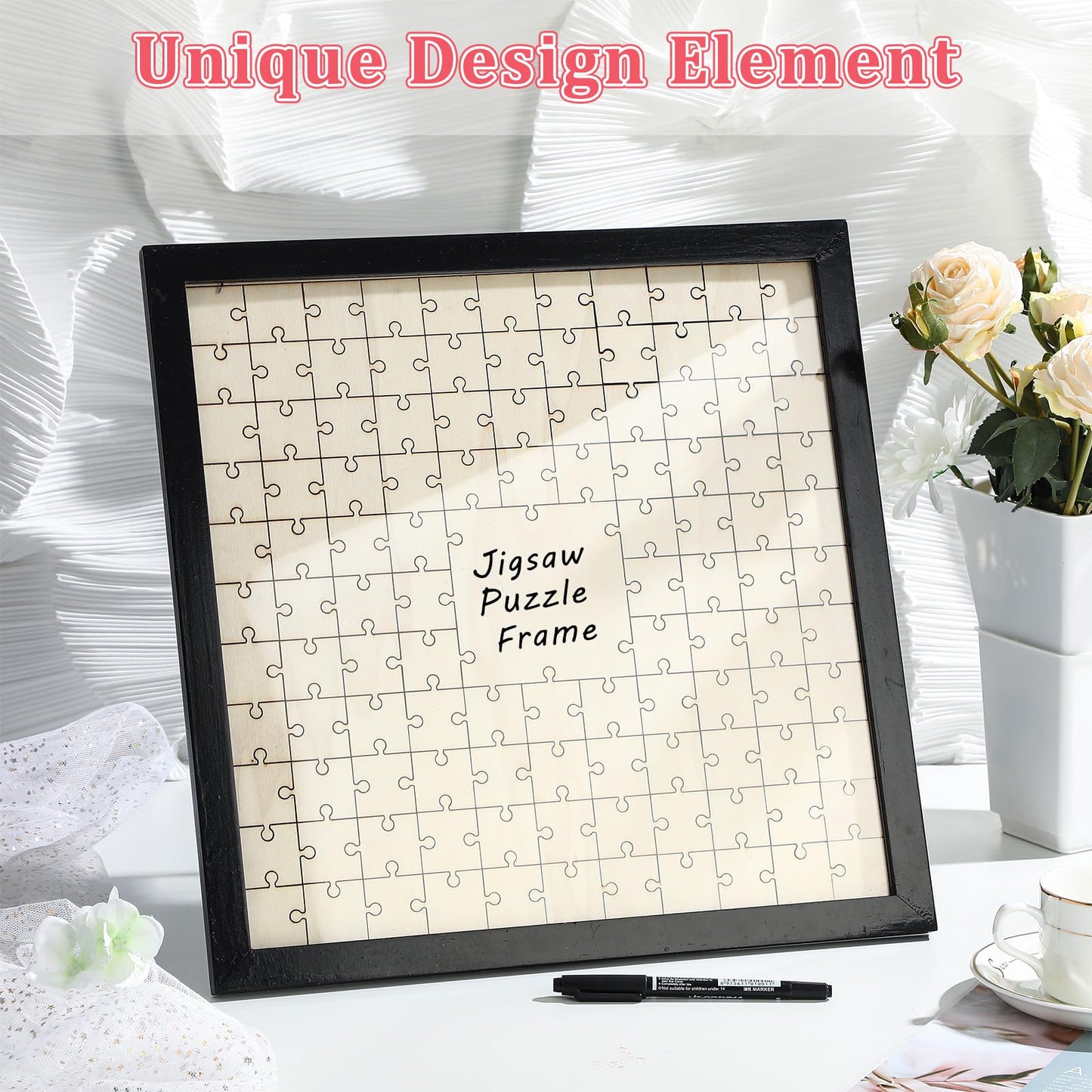 Leinuosen Wedding Guest Book Alternative Jigsaw with 112 Wooden Blank Puzzle with Frame and Pen Personalized Wedding Guest Book Make Your Own DIY Decor for Party Engagement Bridal (112 Pieces, Black)