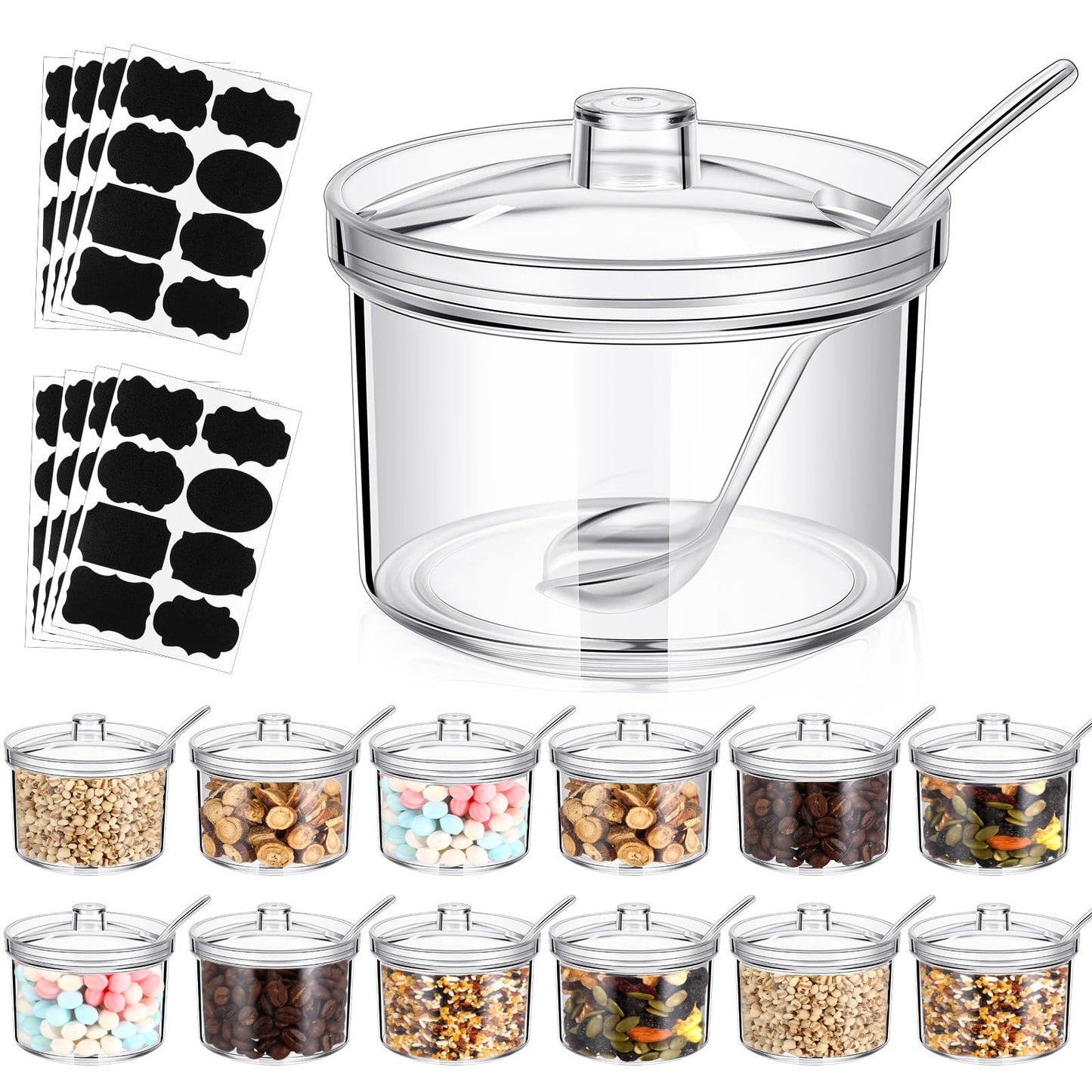 Tioncy 12 Pcs Ice Cream Bar Supplies Sugar Bowls with Lid and Spoon Acrylic Candy Dispenser Party Bar Hot Cocoa Sundae Caramel Apple Dipping Container with Tag (13.5 oz,Clear)