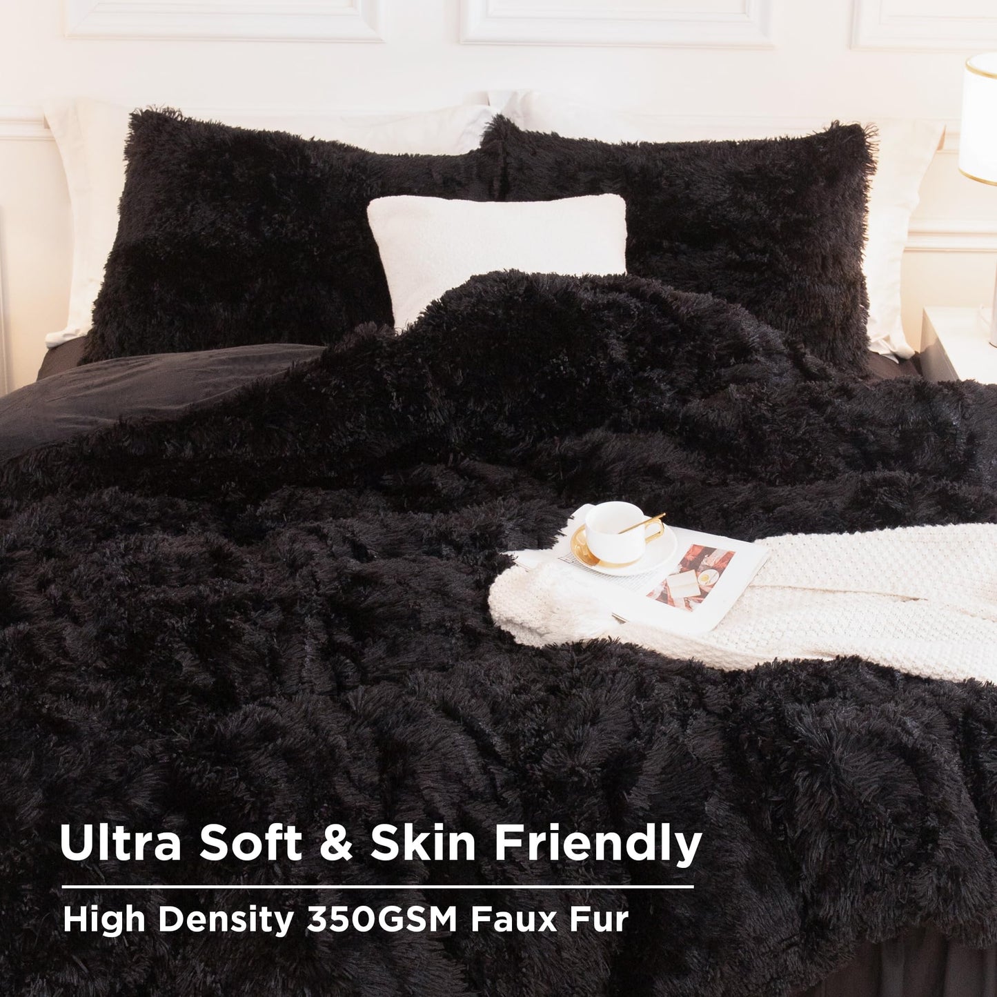 Andency King Size Comforter Set Black, Fluffy Winter Faux Fur Warm Soft Plush Bedding Comforter Set (1 Velvet Comforter & 2 Pillowcases), Fuzzy Thick Heavy Puffy Comforters Bed Set