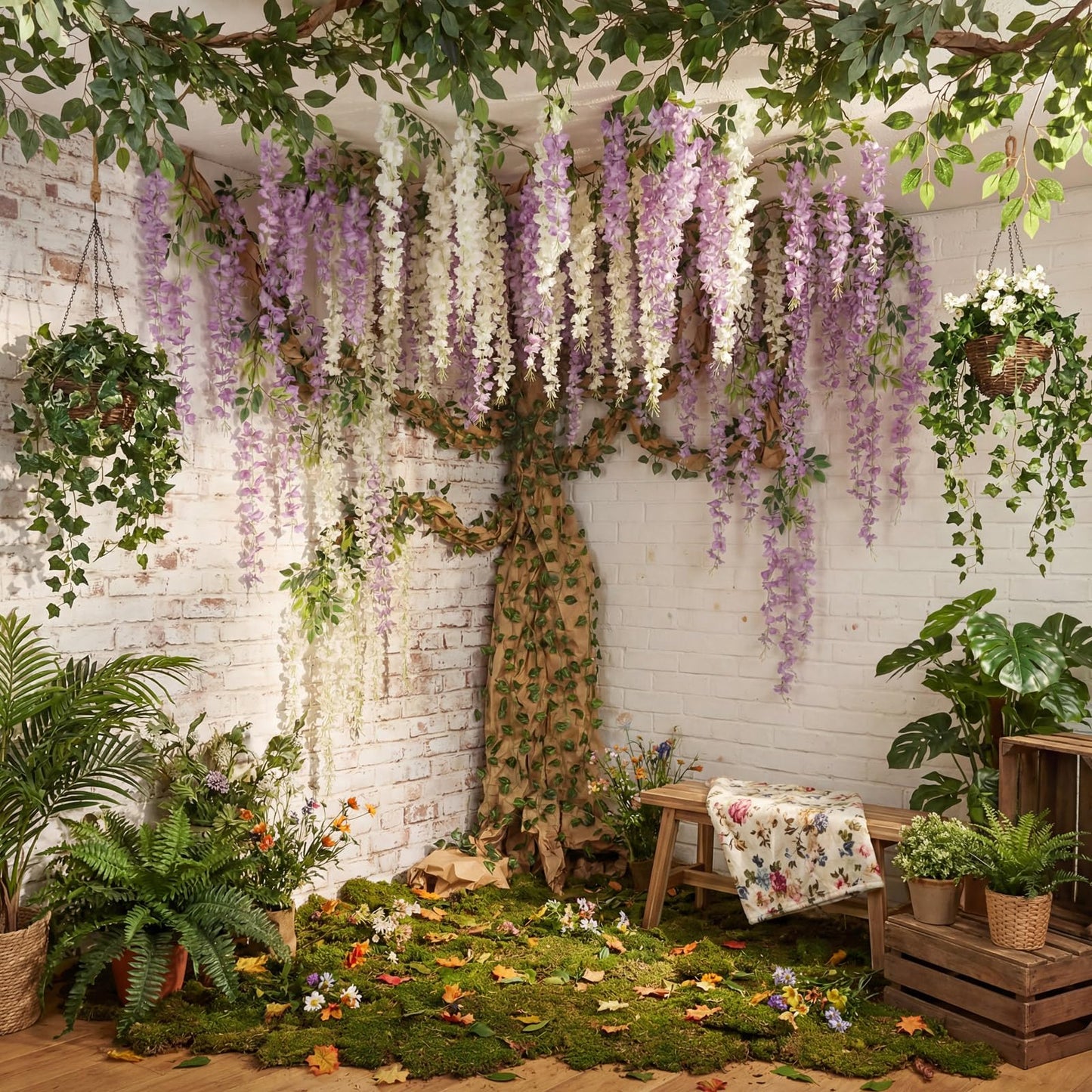 XunYee 40 Pcs 3D Wisteria Tree Wall Decor for Room Classroom Ceiling Artificial Wisteria Hanging Flower DIY Cardboard Paper Tree with Vine Kraft Paper Fairy Bulletin Board Decoration(White, Purple)