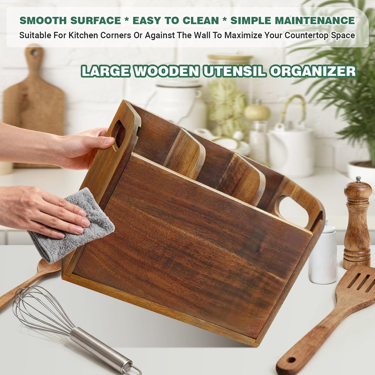 LAGOUPICK Kitchen Utensil Holder for Countertop with 4 Compartments Acacia Large Utensil Holder Wooden Storage for Cooking,Baking,Flatware Tool Kitchen Utensil Organizer