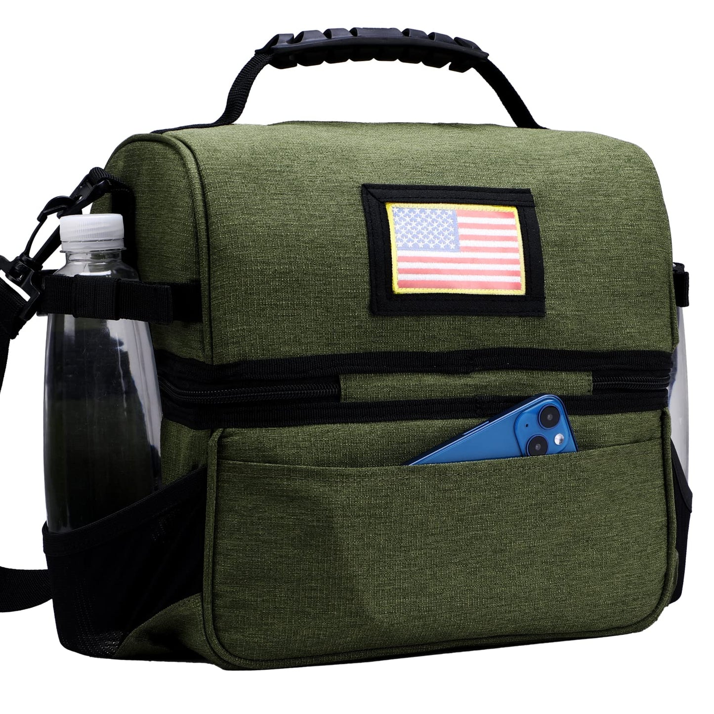 MIER Dual Compartment Lunch Bag Tote with Shoulder Strap for Men and Women Insulated Leakproof Cooler Bag, Army Green