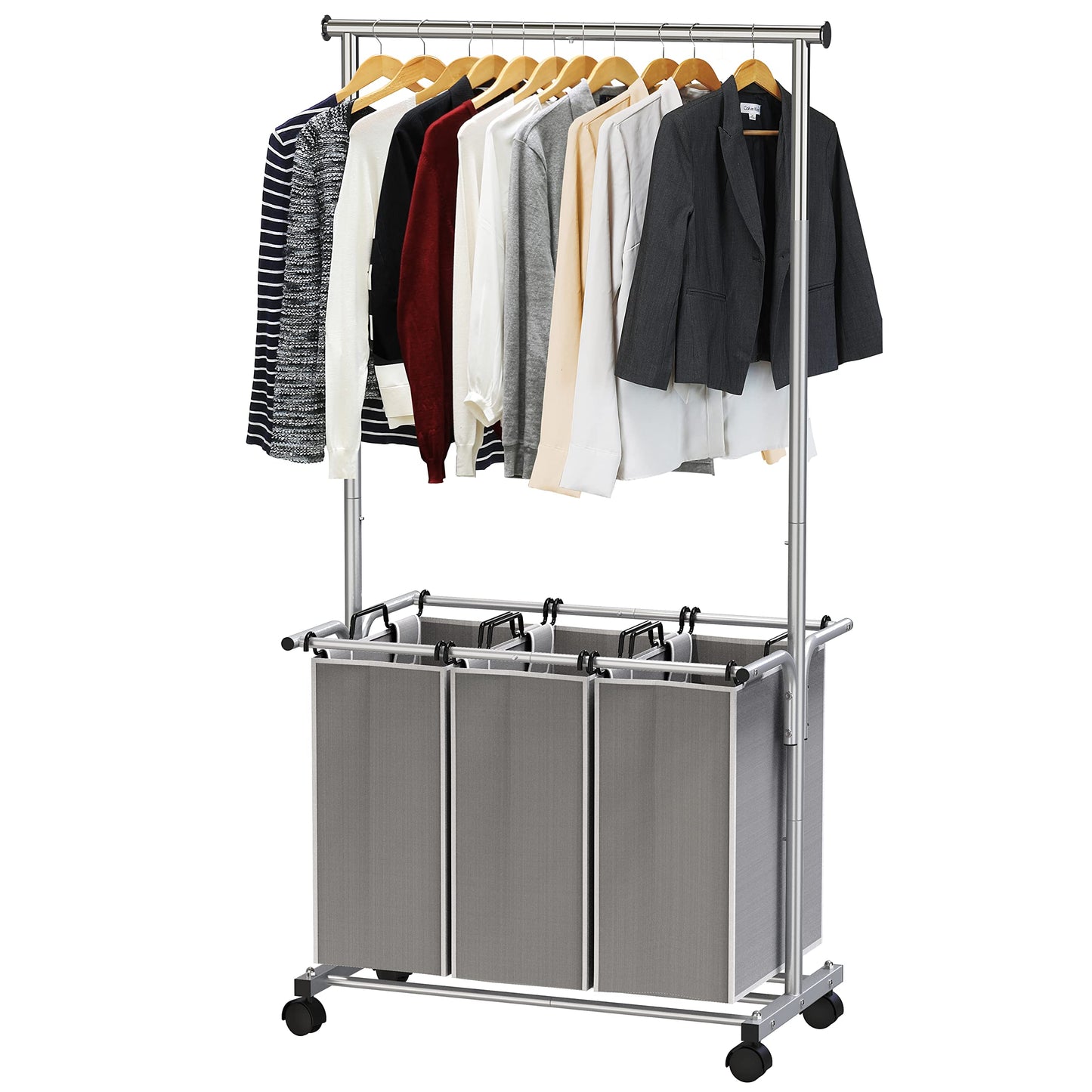 Simple Houseware 3 Bags Laundry Sorter with Extensible Clothes Hanging Rod