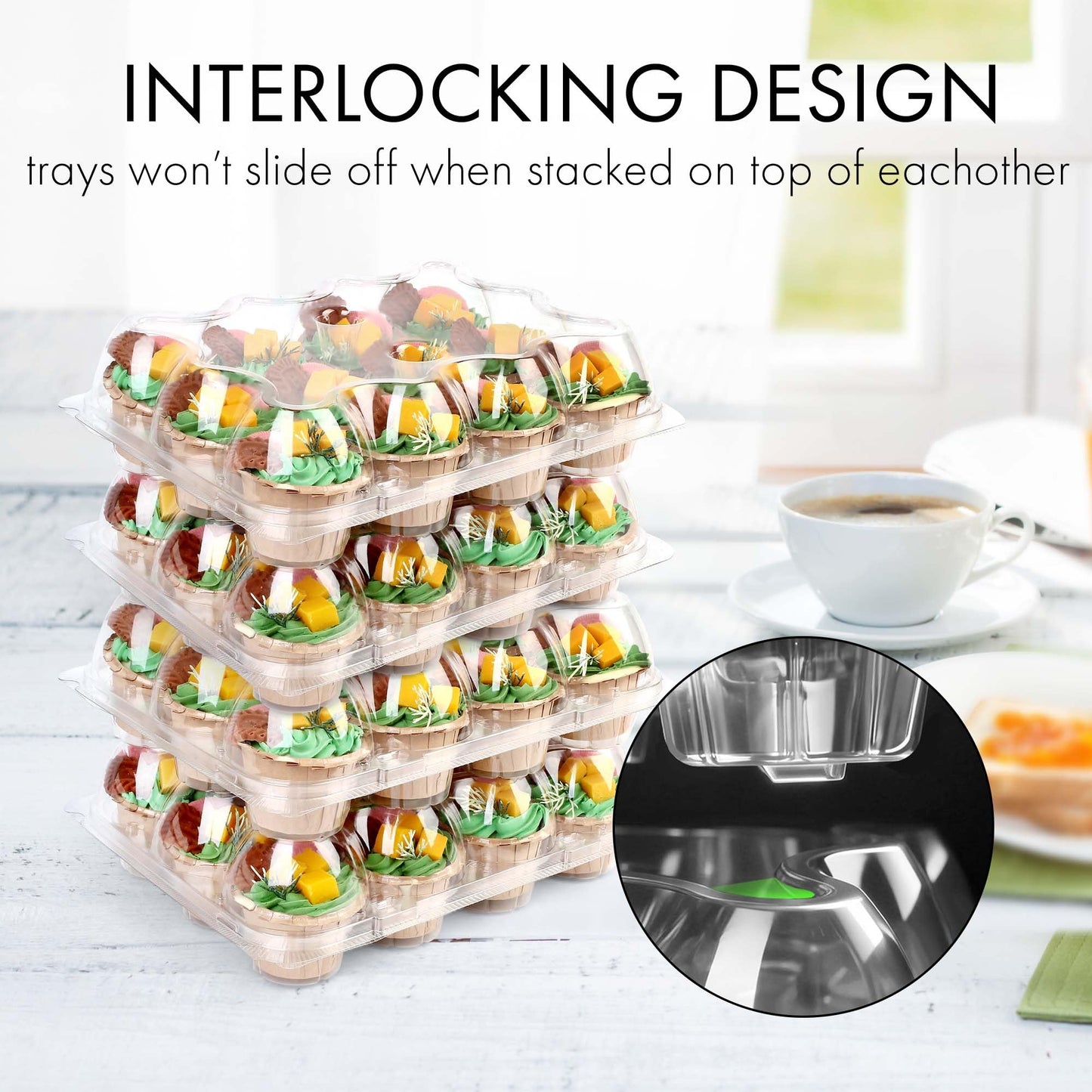 LotFancy (12 Count x 12 Sets) Cupcake Containers with 144 Liners, Thick Plastic Cupcake Boxes Holders, BPA Free, Disposable Cupcake Carrier with Detachable Tall Dome Lid
