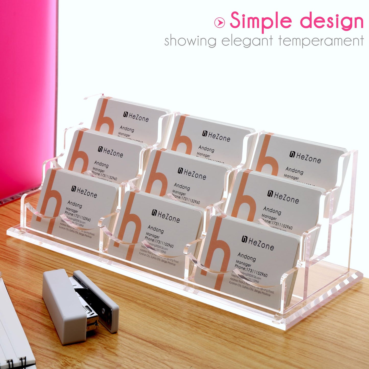 HeZone Business Card Holder for Desk, Multiple Cards Display Stand Rack for Women and Men, Clear Acrylic Card Organizer 9 Slot 3 Tiers