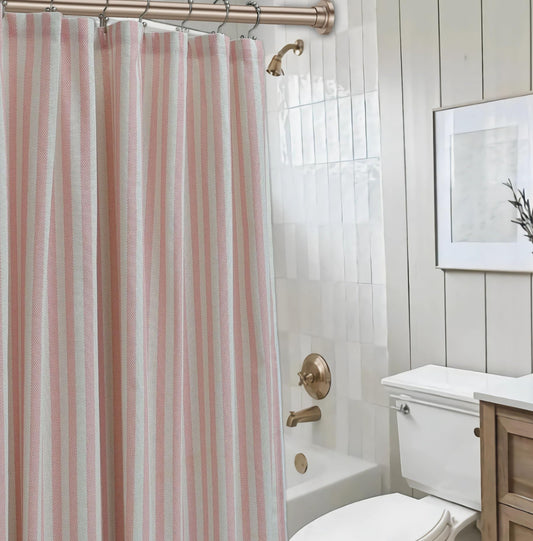 Vintage Pink Striped Fabric Shower Curtain for Bathroom, Rustic Farmhouse Cotton Blend Cloth Shower Curtain, Boho French Country Cottagecore Style, Non-Waterproof Decorative Curtain, 72x72 Inches