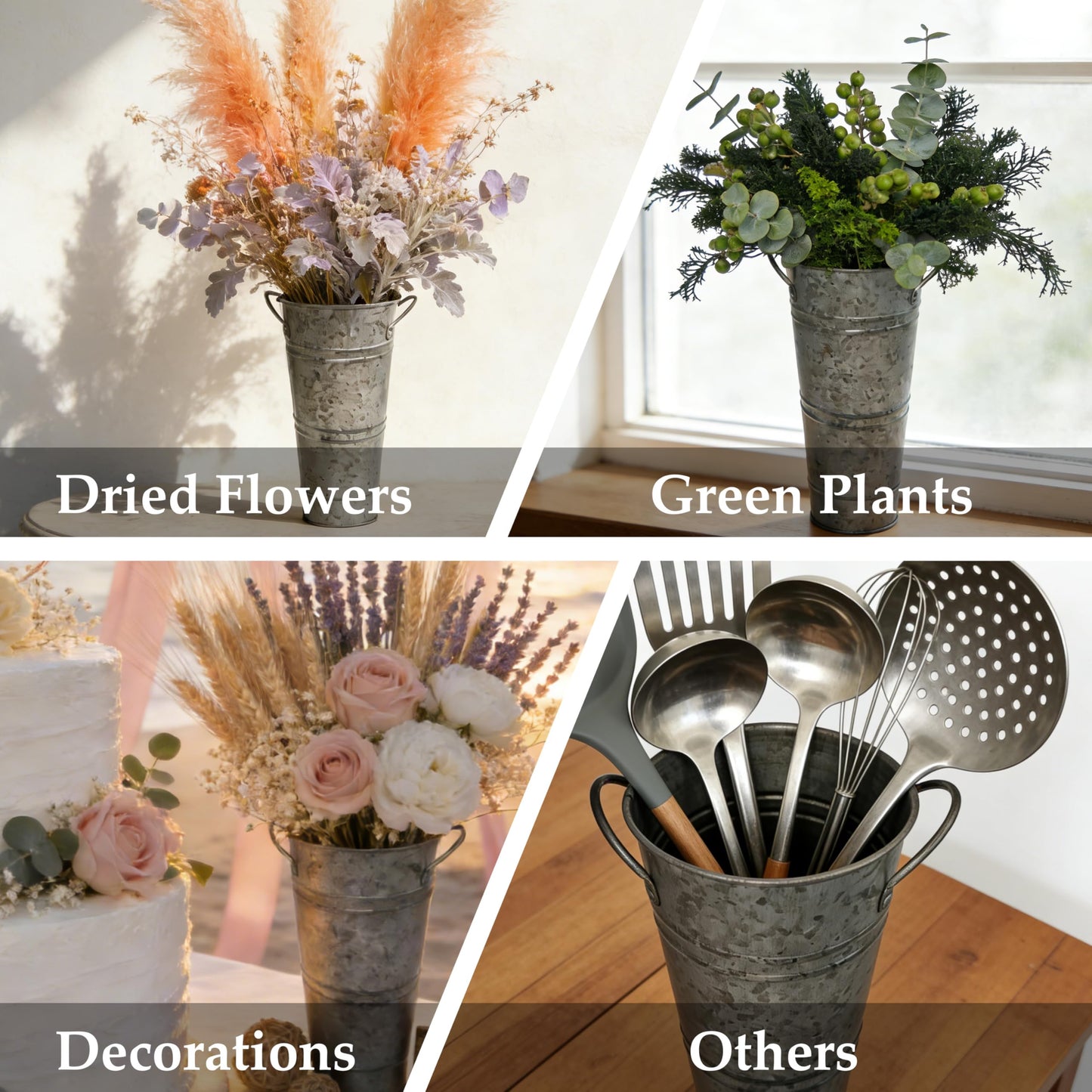 12 Inch Galvanized Metal Flower Buckets, Set of 6 - Rustic Tin Vases with Handles for Farmhouse & Wedding Decor, Tall Planters for Cut Flowers, Table Centerpiece & Home Organization