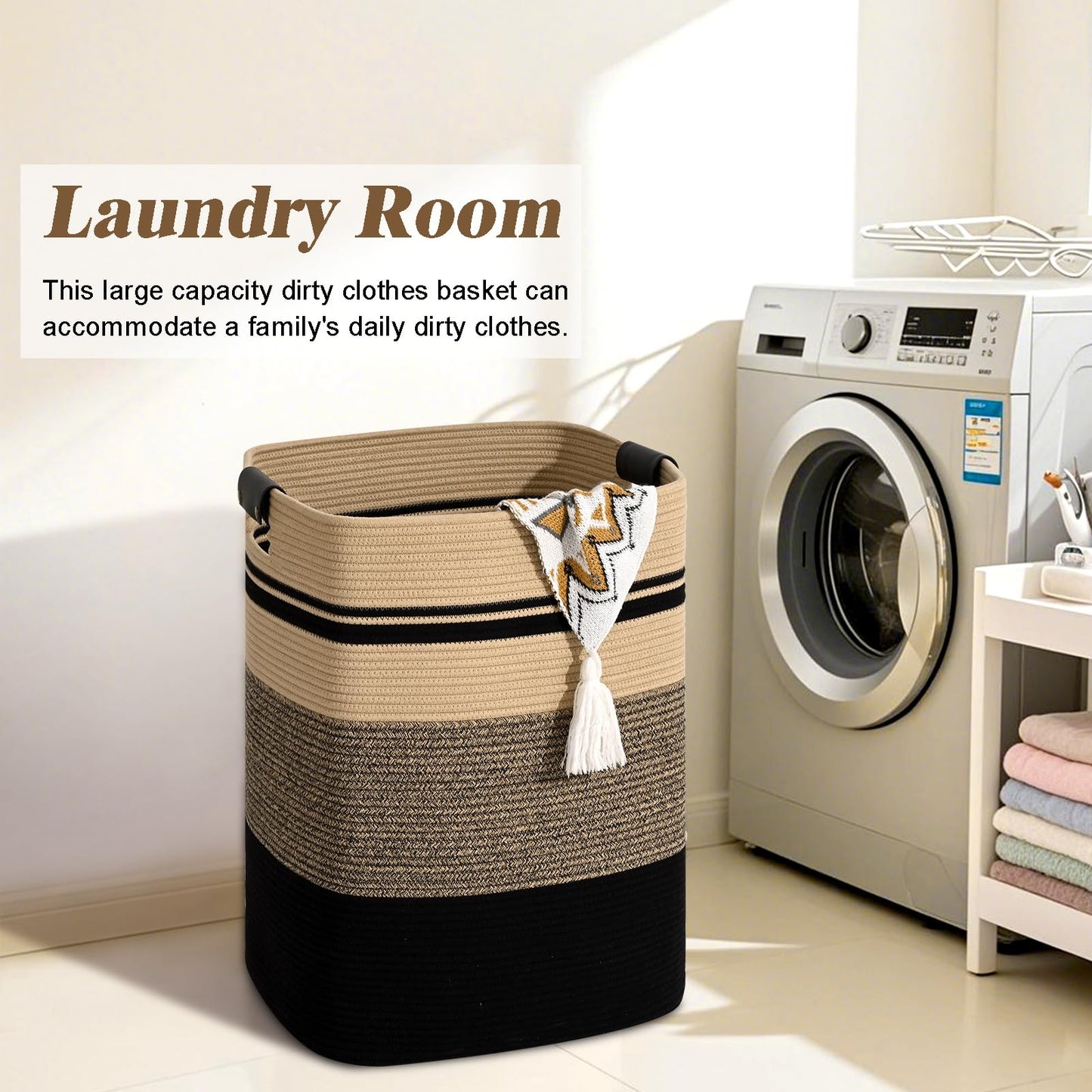 Degeyoyo Laundry Hamper, 95L Tall Laundry Basket with Leather Handles, Rectangle Large Clothes Hamper for Organizing, Cotton Woven Laundry Baskets Storage Hampers for Bedroom, Nursery, Living Room