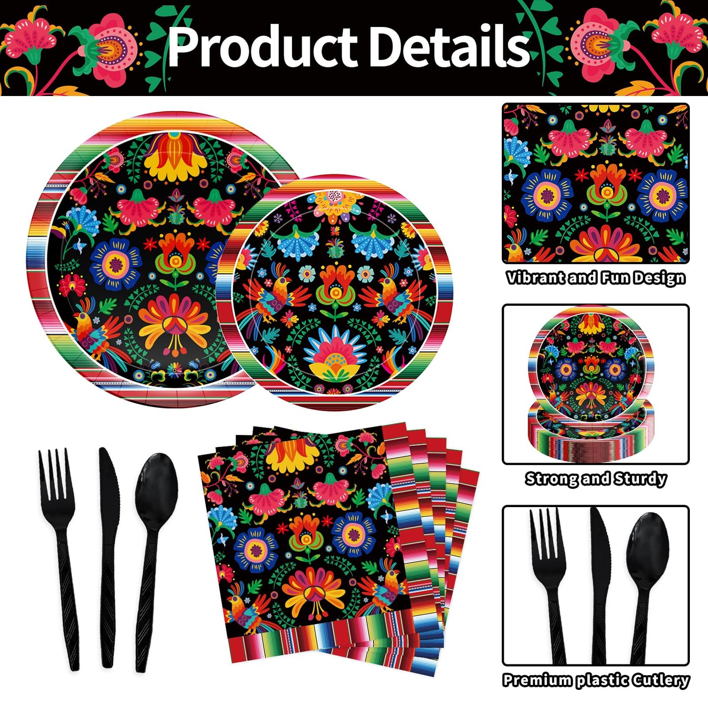 175 Pcs Fiesta Tableware Set – Serves 25, Mexican Party Supplies Disposable Plates, Cups, Napkins, Forks, Spoons, Knives with Floral and Serape Stripe Design for Cinco de Mayo, Birthday Celebrations