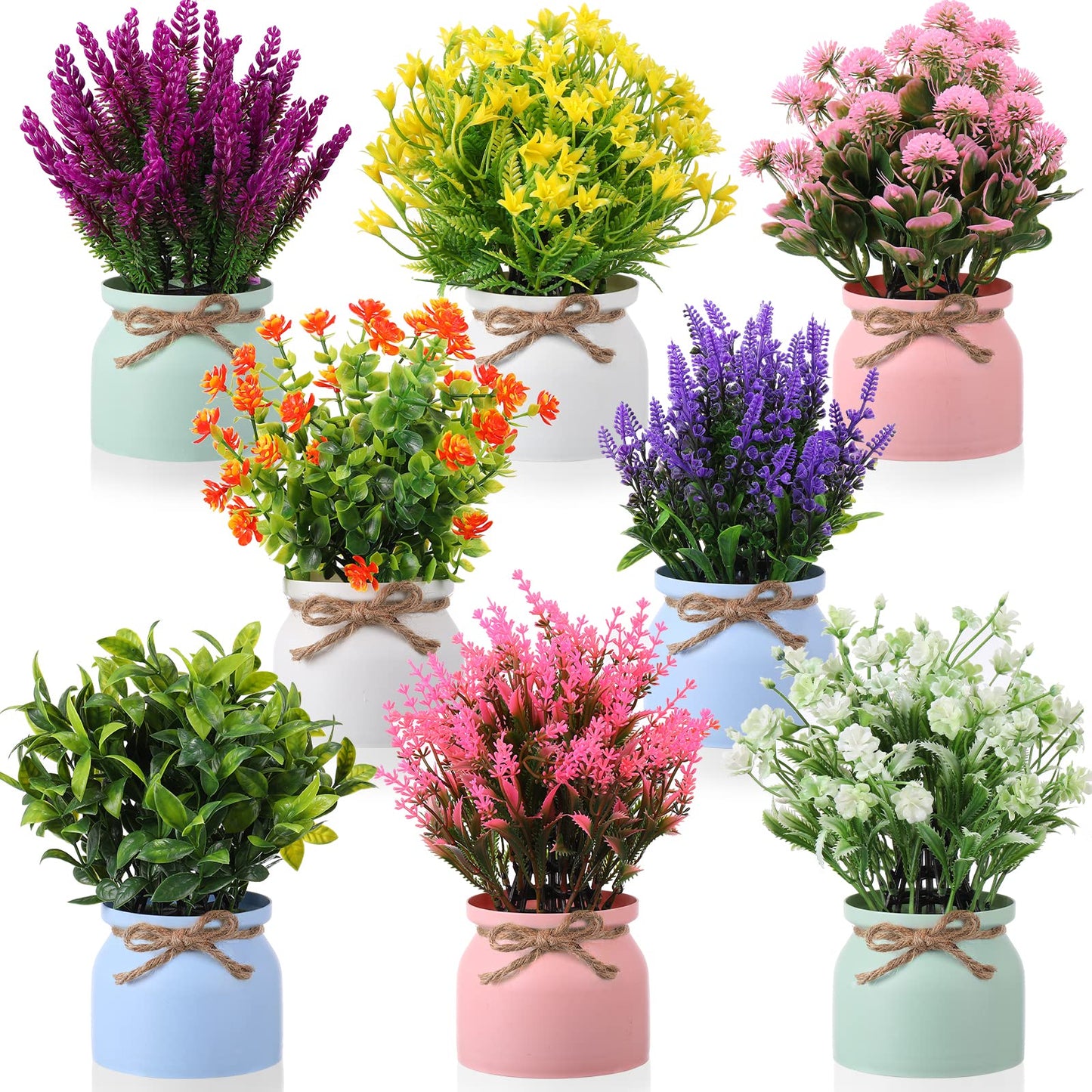 Cindeer 8 Pcs Large Artificial Potted Flowers Fake Potted Plants Plastic Faux Flowers for Home Decor Indoor Artificial Plants in Pots for Wedding Home Desk Tabletop Outdoor Office Kitchen (Romantic)