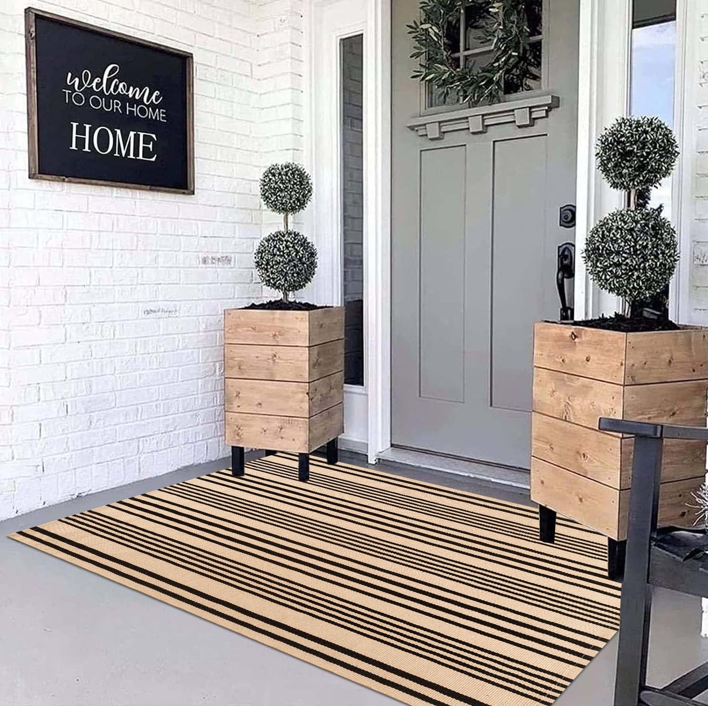 BUAGETUP Outdoor Rug 3'x 5',Tan Striped Washable Area Rug Hand-Woven Cotton Rug Indoor/Outdoor Area Rug Floor Mat for Farmhouse Living Room Bedroom