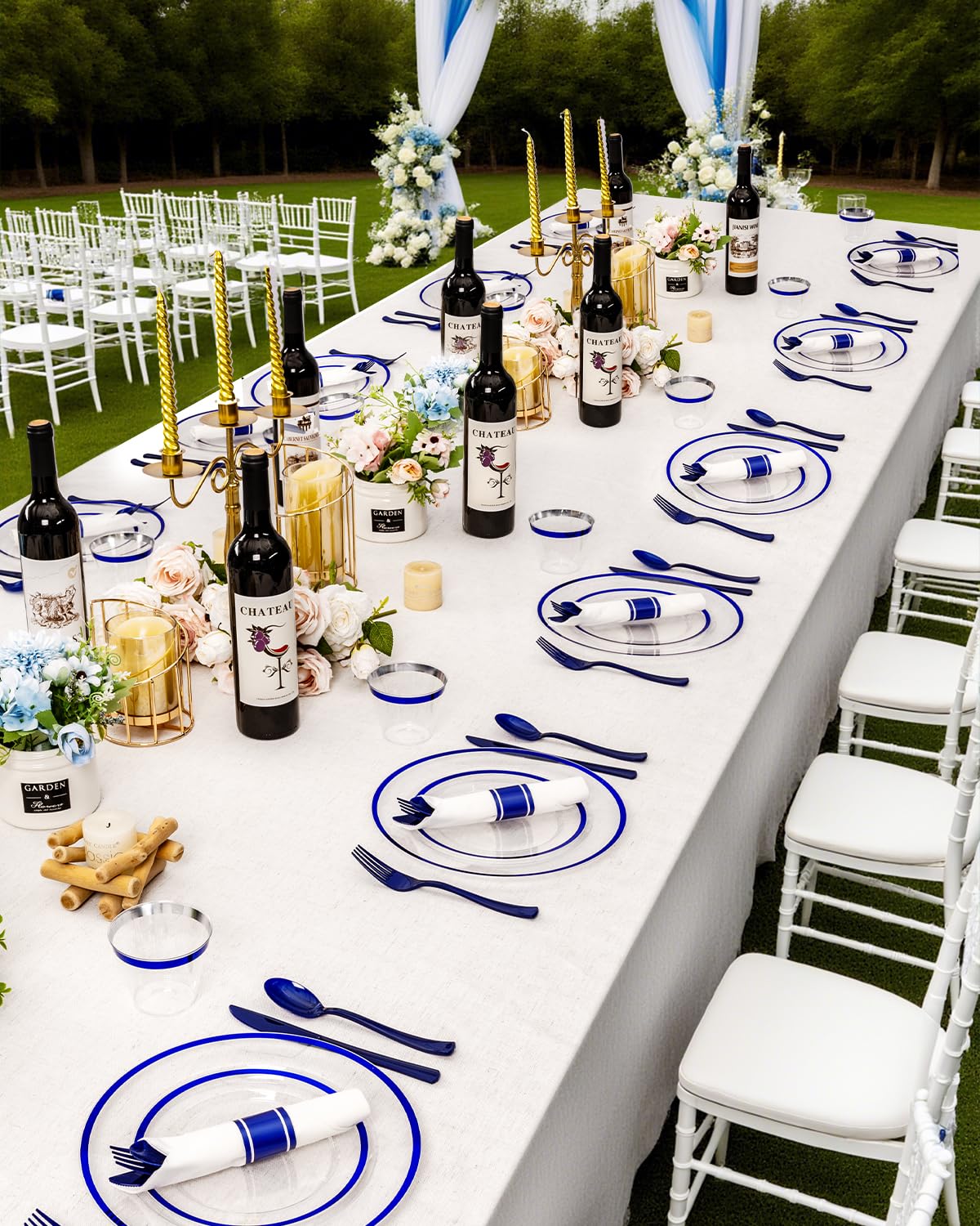 BESTVIP 350PCS Plastic Clear Blue Plates for Party, Disposable Dinnerware Set for 50 Guests, 100 Plastic Plates, 50 Cups, 50 Pre-Rolled Napkins with Cutlery for Graduation Party, Christmas, Birthday