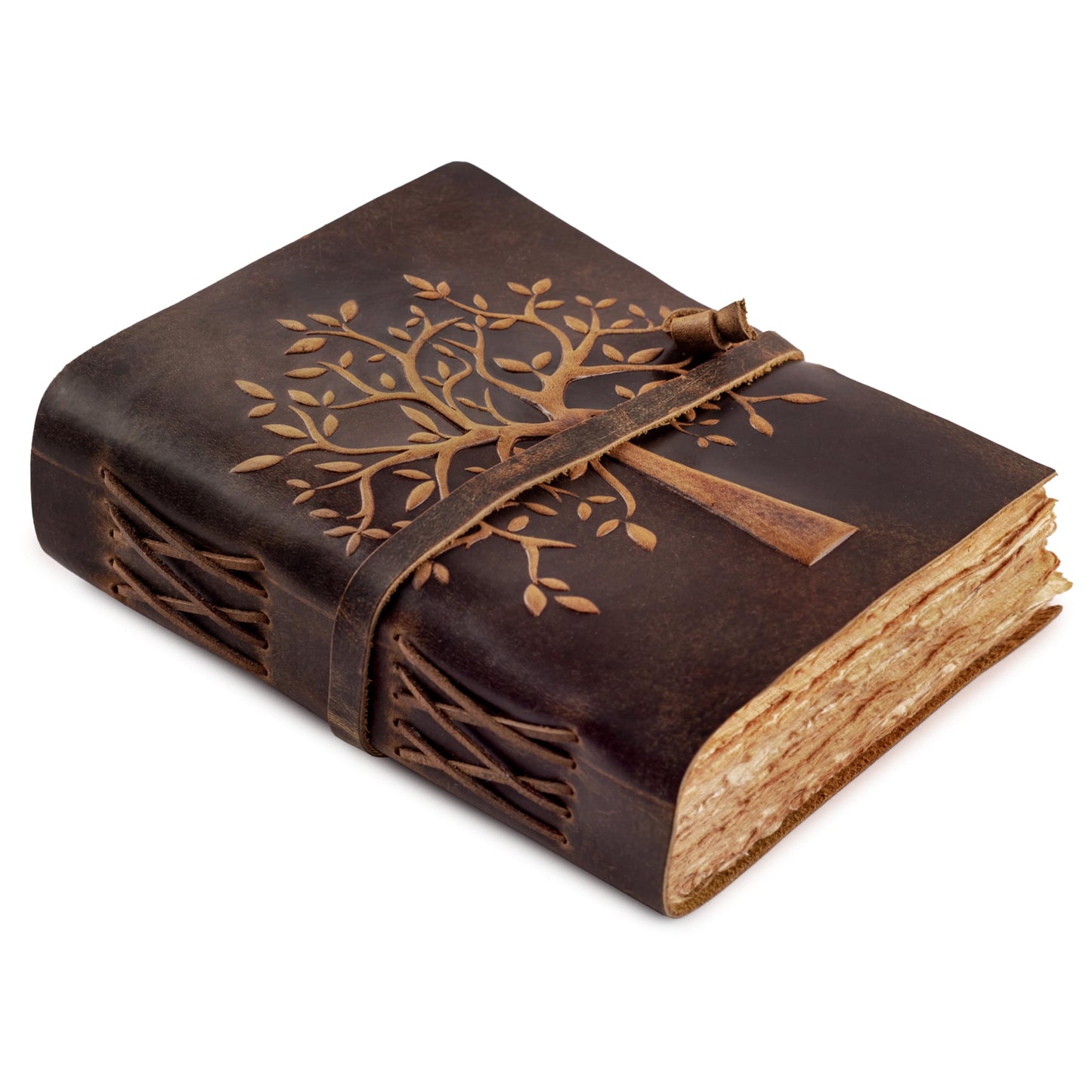 LEATHER VILLAGE Tree of Life Journal - 10 X 7 inches - Rustic Brown - 200 Antique Deckle Edge Handmade Paper – Book of Shadows - Vintage Leather Bound Journal for Women & Men