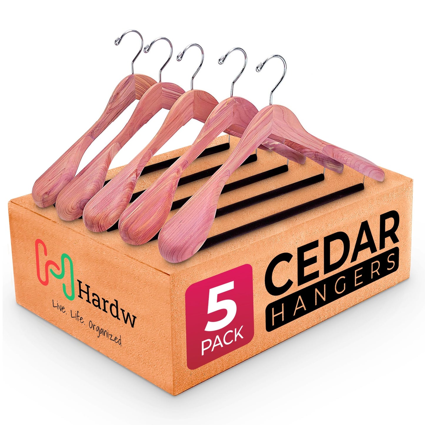 HARDW Cedar Hangers for Closet - 5 Pack Extra Wide Wooden Hangers for Suits, Coat, Dress, Jacket, Clothes Storage - Non Slip Foam Padded Pant Bar with 360° Swivel Hook, Aromatic American Cedar Wood