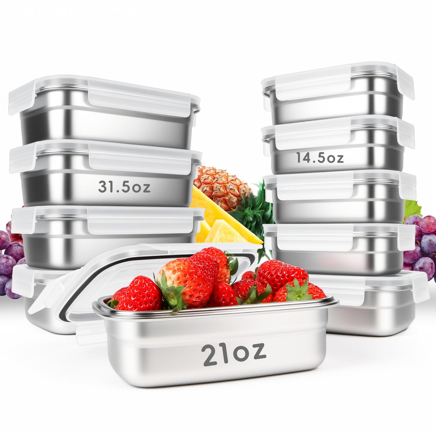 10PCS 304 Stainless Steel Food Storage Containers with Airtight Leakproof Lids, Stackable Bento Lunch Box for Meal Prep, Reusable Metal Containers, Oven/Dishwasher/Freezer Safe(31.5/21/14 Oz)