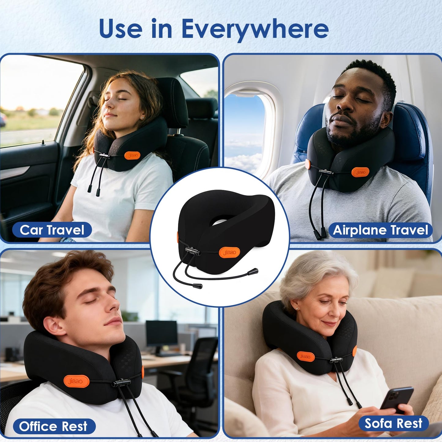 jiaao Travel Pillow Memory Foam Neck Pillow for Airplanes with Adjustable Neck Support, Includes Eye Mask, Earplugs & Storage Bag - Perfect for Flights, Road Trips, and Trains