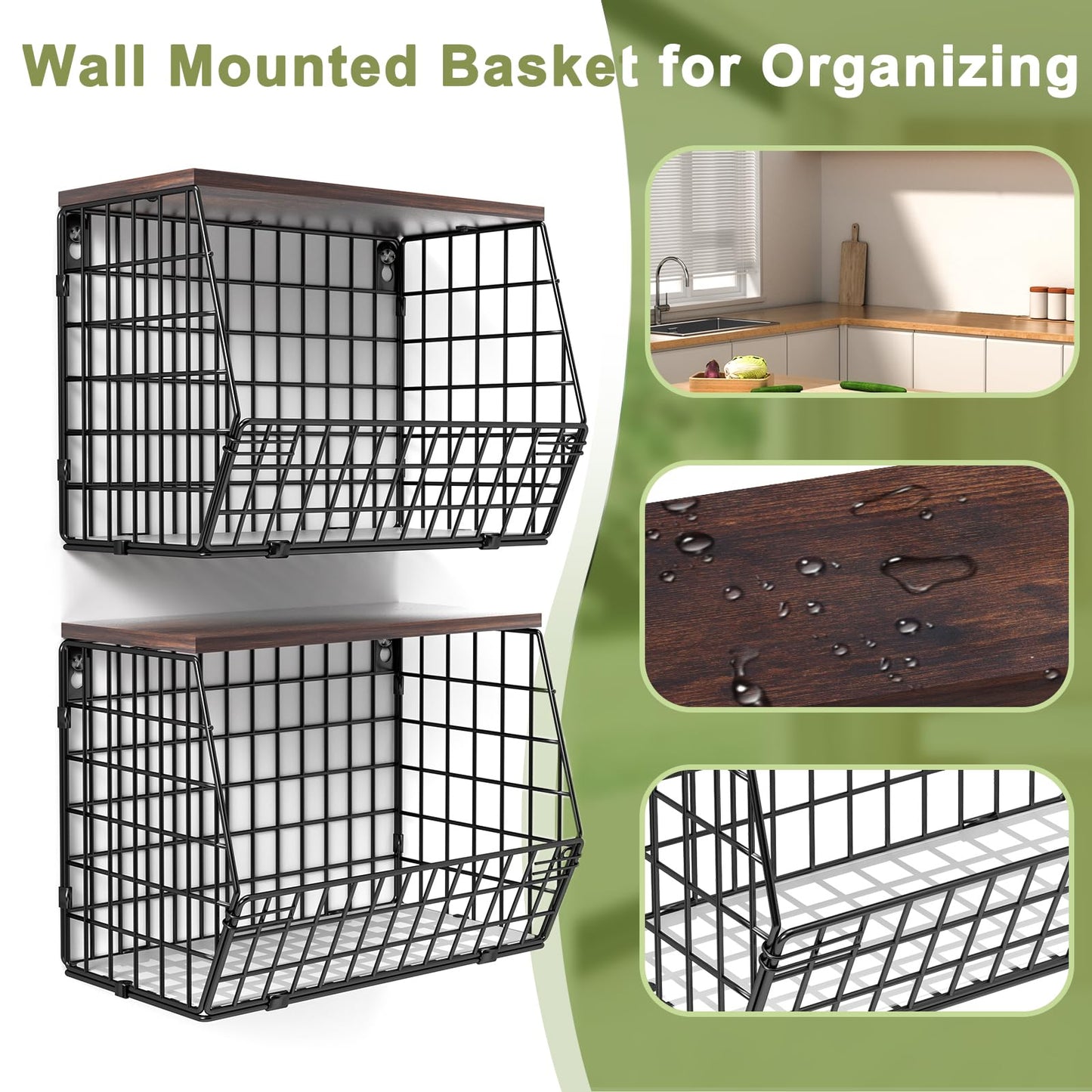 Wawocs Fruit Basket for Kitchen Counter 2 Tier Fruit Bowl, Stackable Wall Mounted Hanging Fruit Basket Wire Baskets with Wood Lid with 4 Banana Hanger Hooks, Onion Basket, Fruit and Vegetable Storage