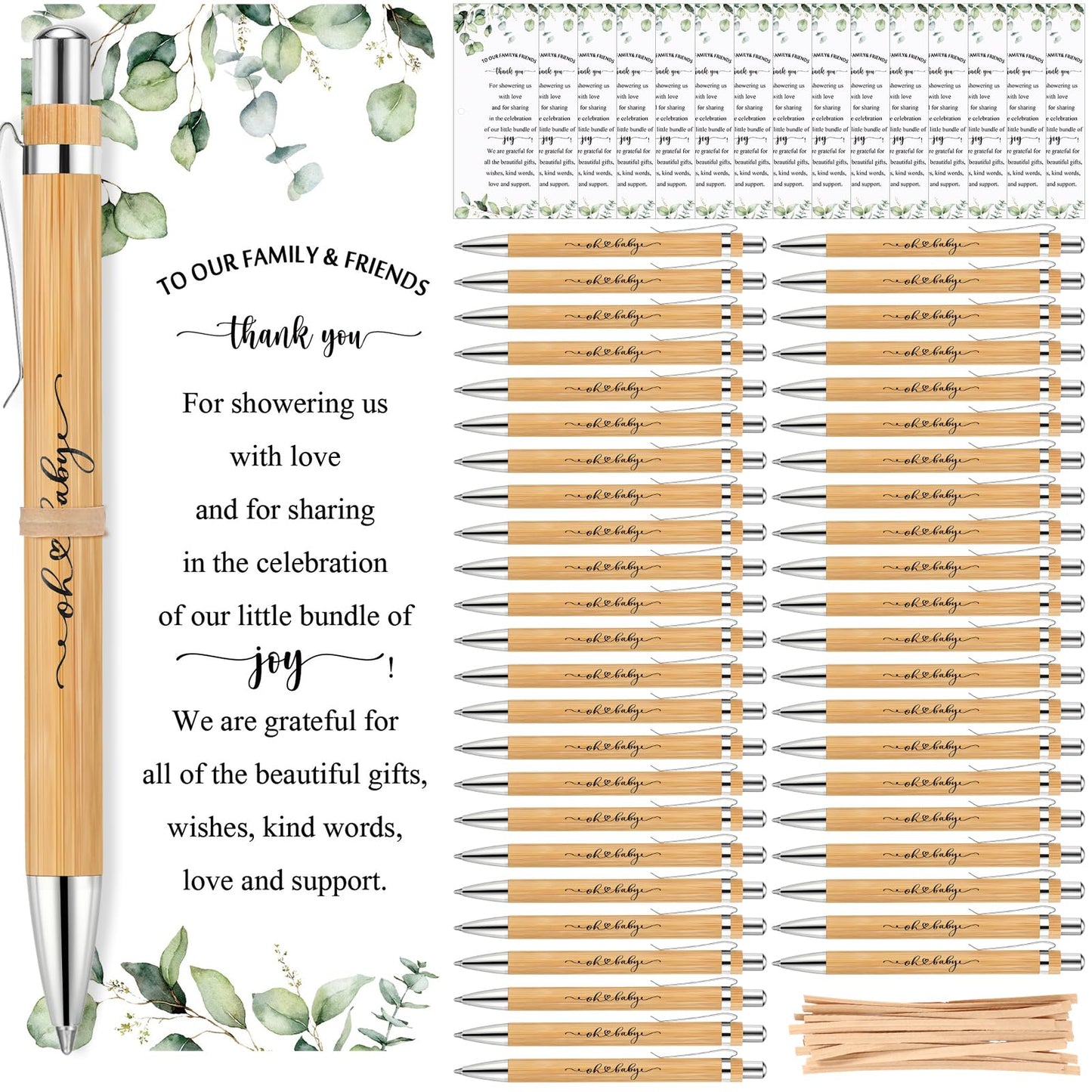 Yeaqee 100 Sets Greenery Baby Shower Pen Gifts for Guest Greenery Woodland Baby Shower Favors Retractable Pens Bamboo Pens Gender Reveal Greeting Cards Souvenirs Prizes
